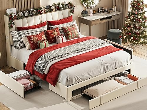 Miniatura 11 de ANCTOR Base de cama tamaño Queen con cabecera de almacenamiento y estación de carga, cama de plataforma tapizada con 3 cajones, no necesita somier,