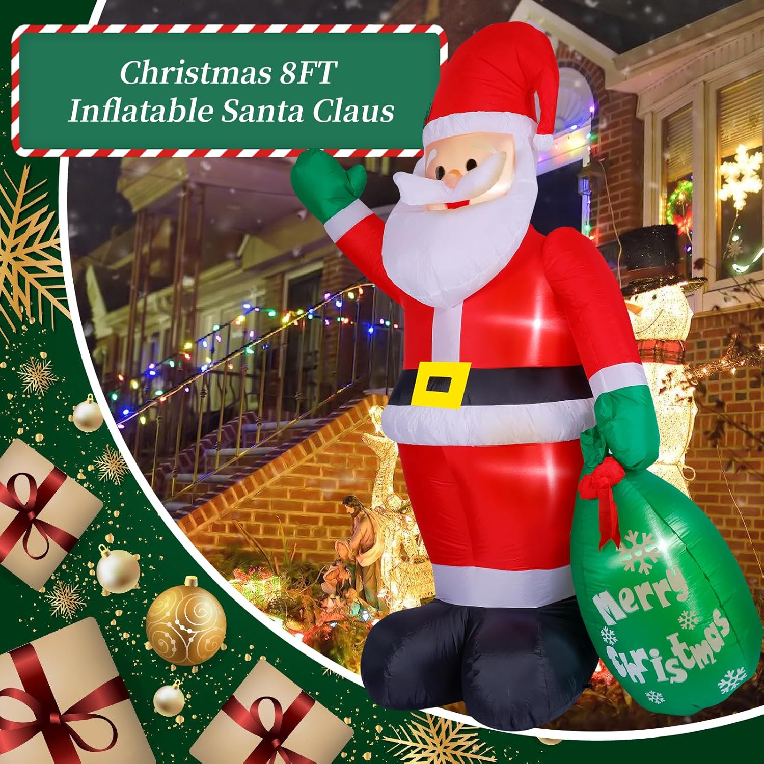 Lumiwind 8FT Giant Christmas Inflatable Santa Claus with Gift Bag Decorations, Blow Up Yard Decoration with Built-in LED Lights Huge Xmas Indoor Outdoor/Outside Décor for Lawn Garden Holiday Party - Image 2