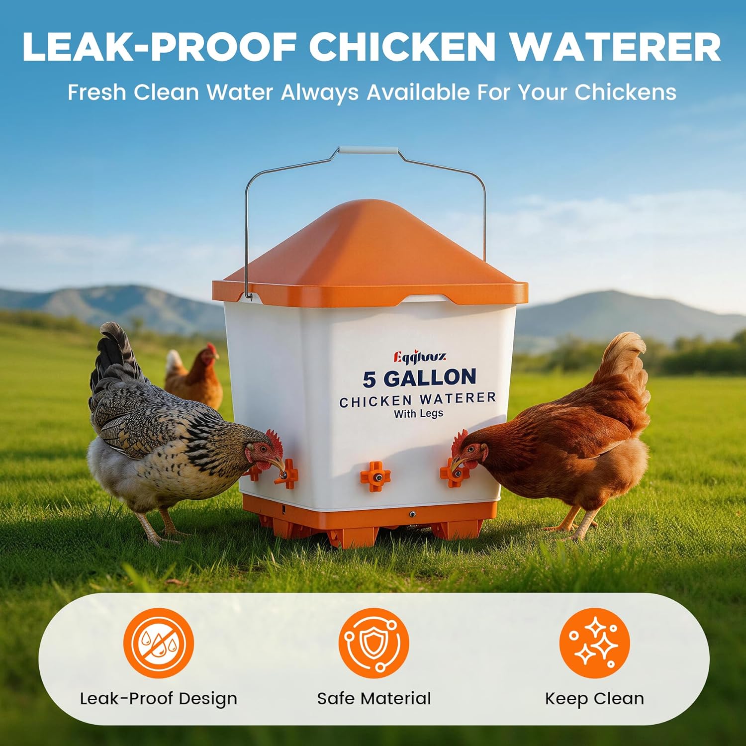 5 Gallons Chicken Waterer Bucket with Horizontal Nipples, Adjustable Legs and Anti-Roost Cone