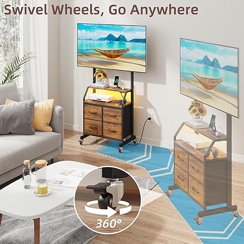 Miniatura 3 de Soporte de TV rodante con soporte y 4 cajones de tela, soporte de TV con ruedas para TV de 32 a 75 pulgadas, centro de entretenimiento y mesa