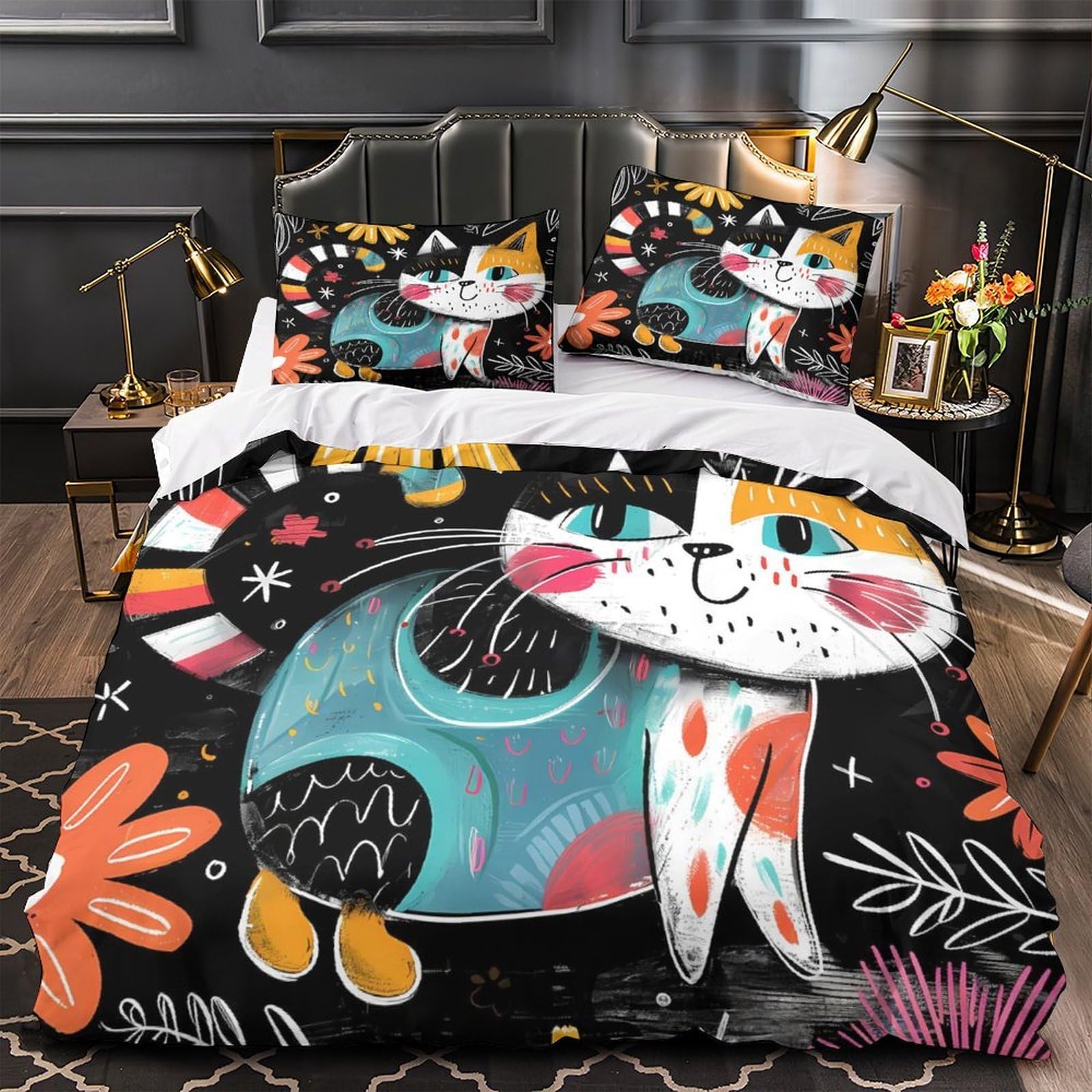 Housse de couette chat 3D colorée pour chambre d'adulte ou ado cosy