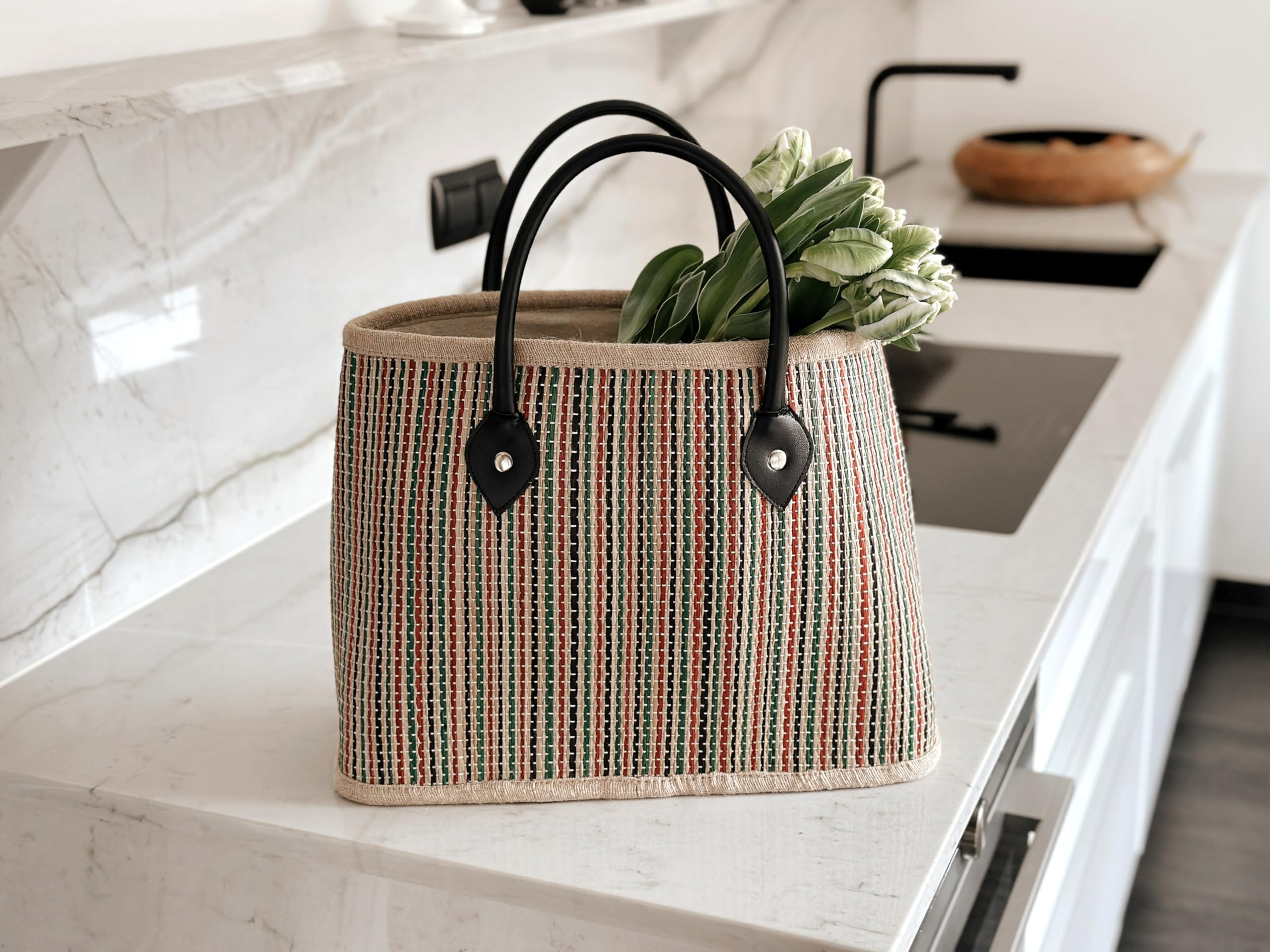 Decorasian Shopping Tasche aus Palmblatt – Handtasche im Shopper Format – Korbtasche für Damen im Boho Stil
