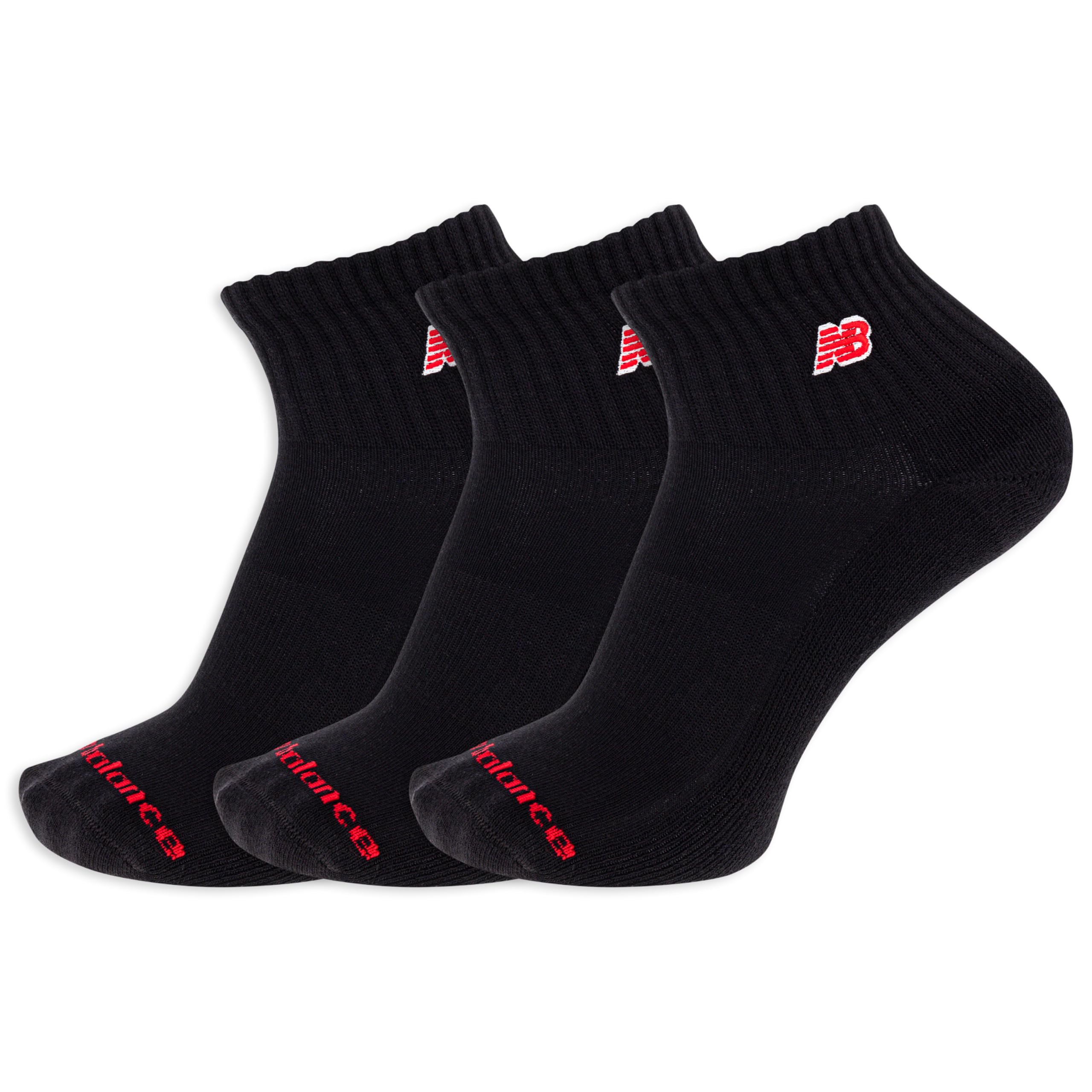 New Balance Patch Logo Ankle Socks-3 Pairs-Cushioned Moisture Wicking, Black, Large