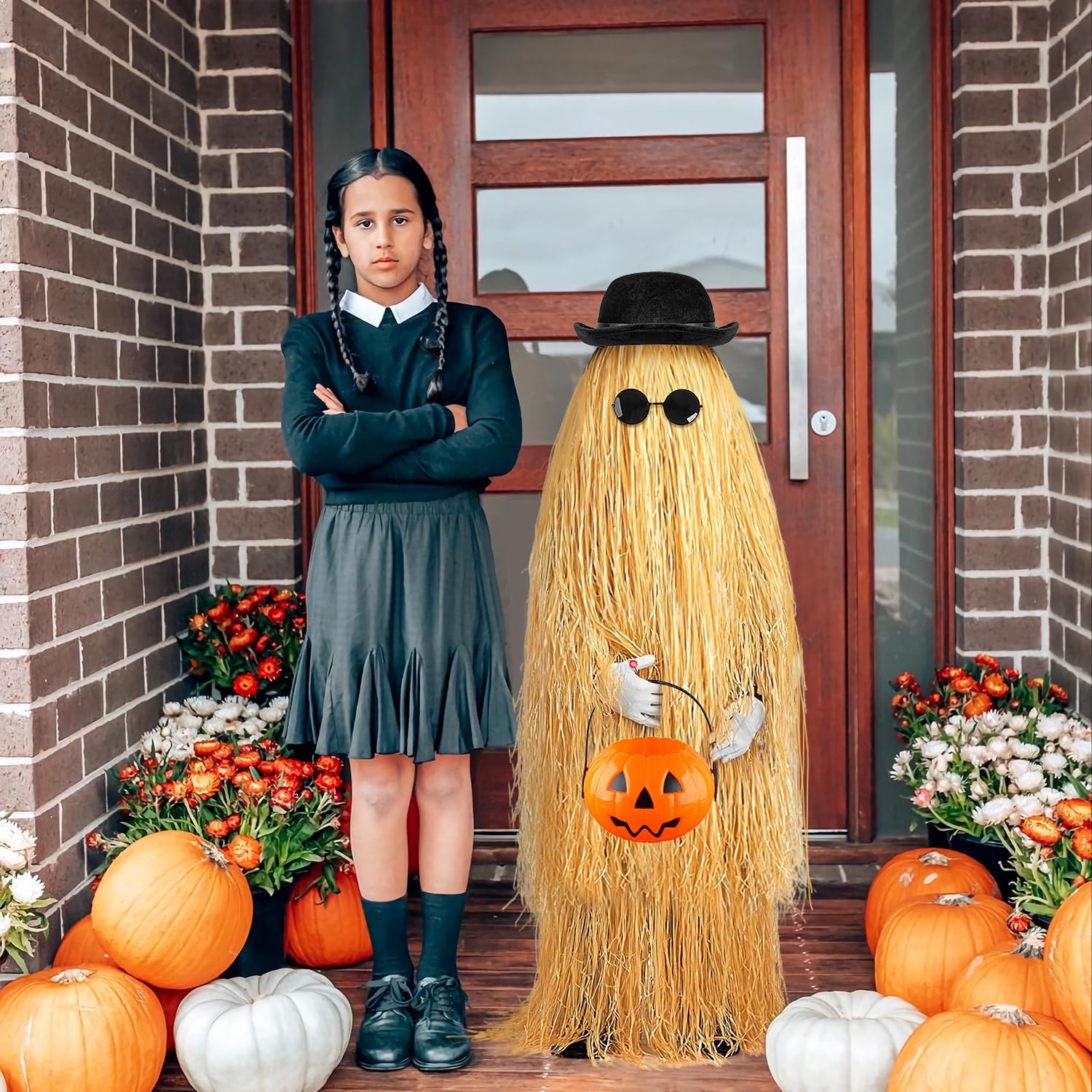 MOVINPE Halloween Long Hair Costume Set with Bowler Hat for Adults, Round Sunglasses, Grass Skirt Layerable, White Gloves & Ruby Ring– Funny Cousin Cosplay Outfit for Parties Pet Dress-Up