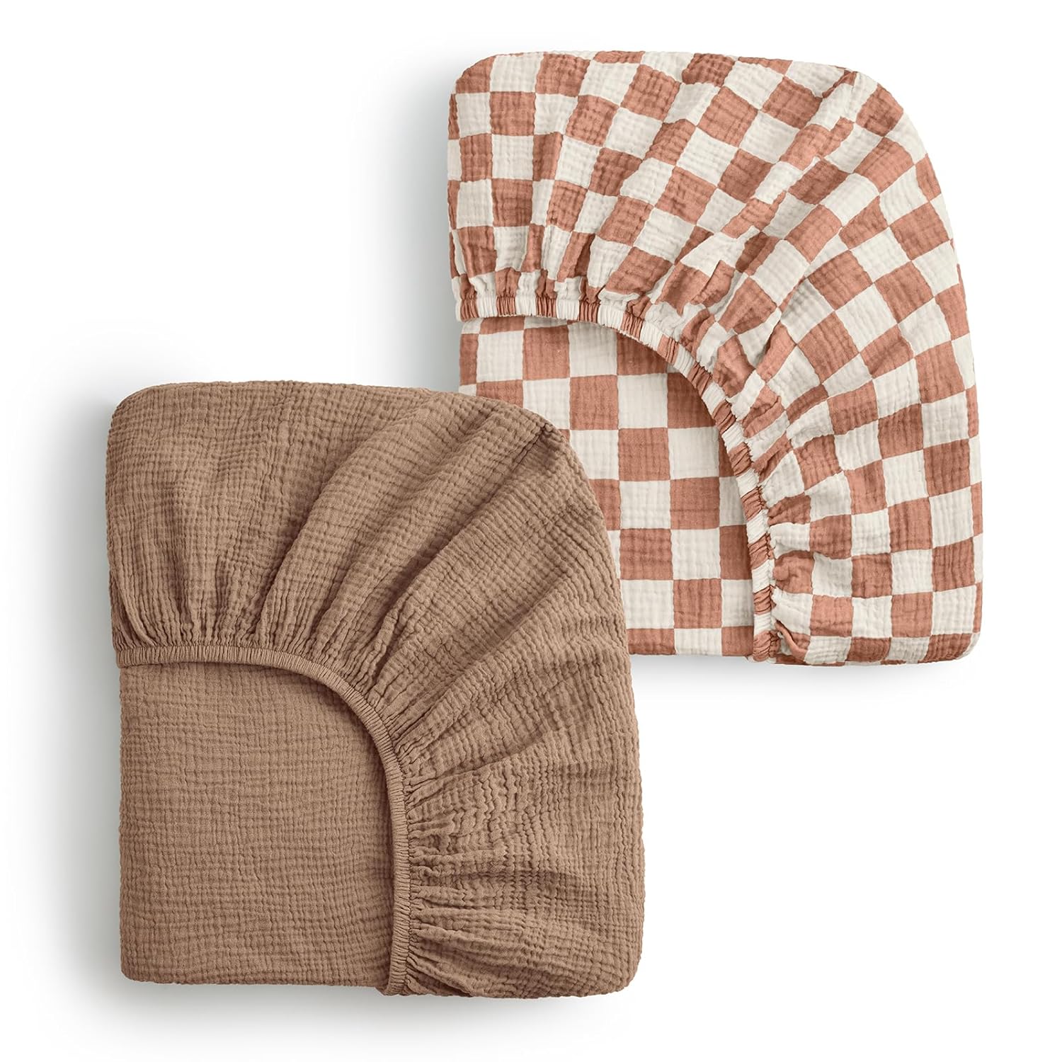 Blissful Diary Muslin Mini Crib Sheets, Pack and Play Mattress Sheets Fitted for Pack N Play, Soft Cotton for Boys Girls, 2 Pack(Brown Checkboard & Brown)