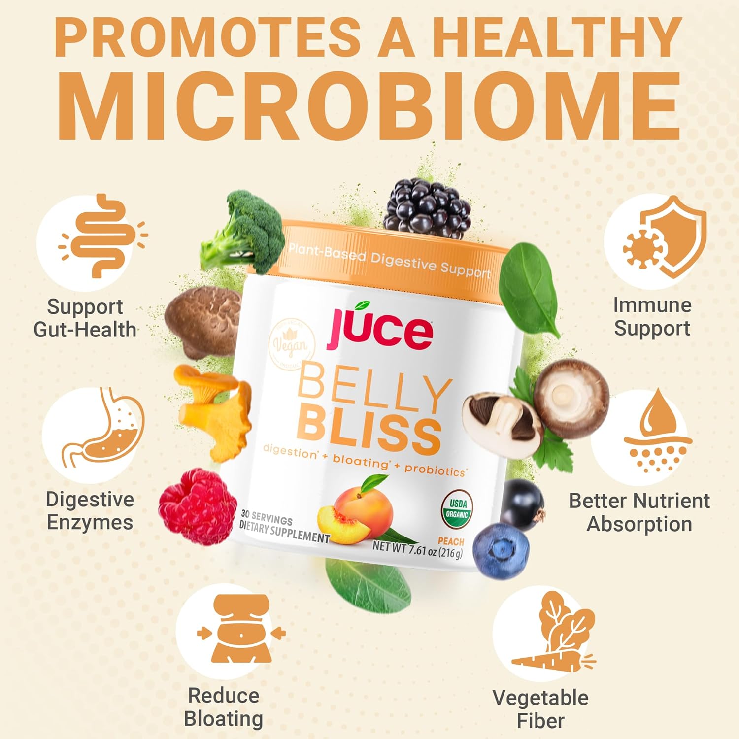 Júce Belly Bliss, Peachy Greens, 30 servings, Probiotics + Greens, Bloating Support with Plant-Based Digestive Enzymes, Dietary Supplement Powder - By Terra Kai Organics - Image 6