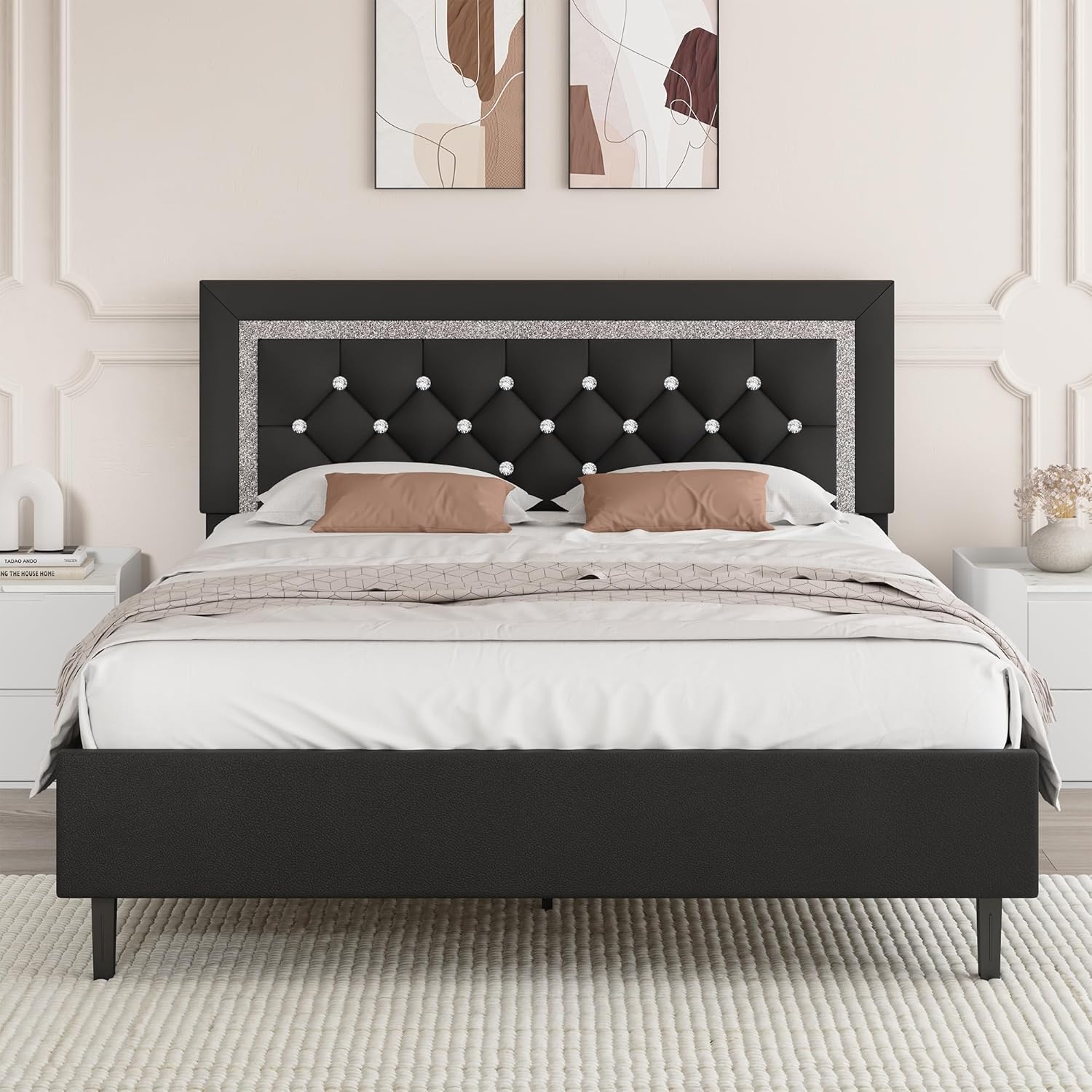 BarnFurin Queen Bed Frame with Tufted Button Headboard, Upholstered Platform Bed Frame with Diamond Design, Wood Slat Support, No Box Spring Needed, Easy Assembly, Black