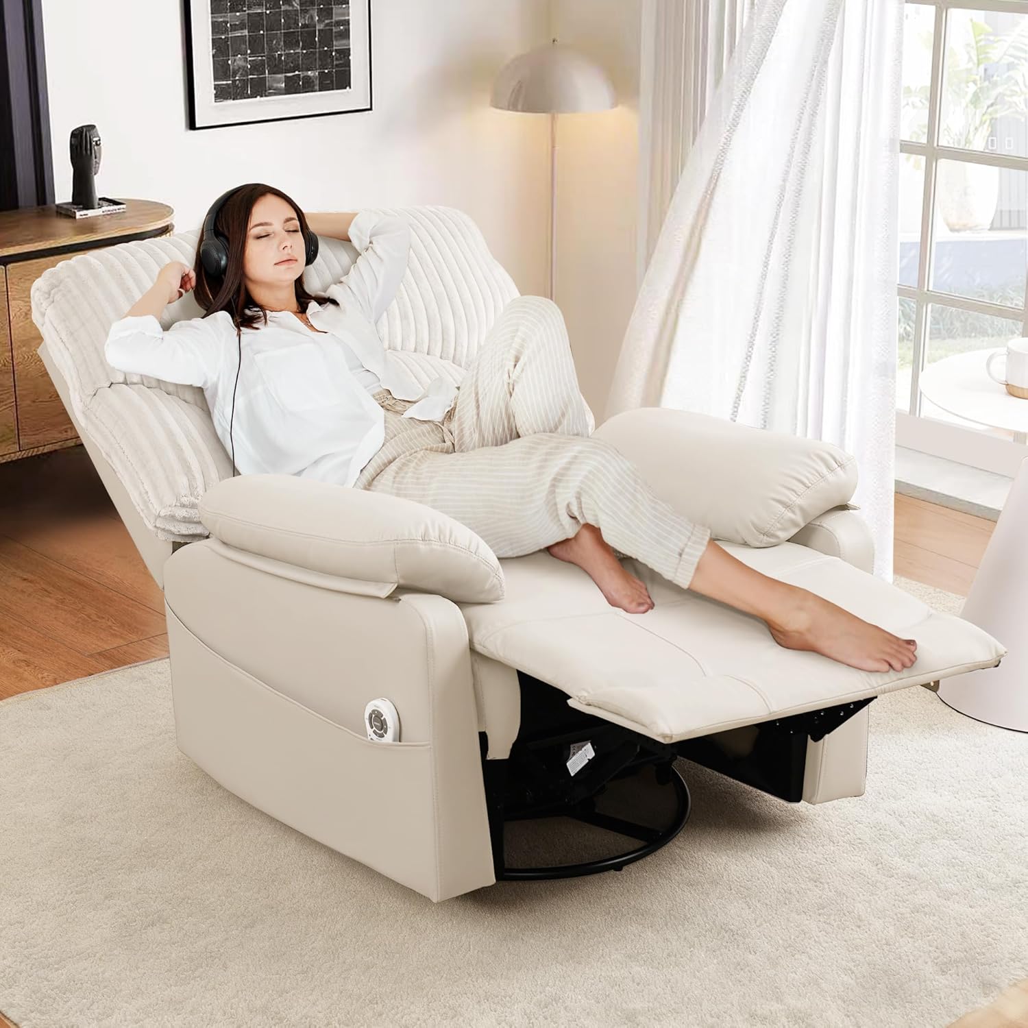 GRAINELL Swivel Rocker Recliner Chair with Massage and Heat, USB Charging Port, Infinite Position Power Recliner, Electric Glider Rocking Chairs for Living Room, Nursery (Lvory)