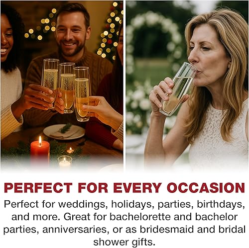 Miniatura 7 de Eparé Double Wall Stemless Champagne Flutes Glass - Set of 2 Lightweight Mimosa and Prosecco Glasses for Bridal Shower, Bridesmaid Gift - Modern