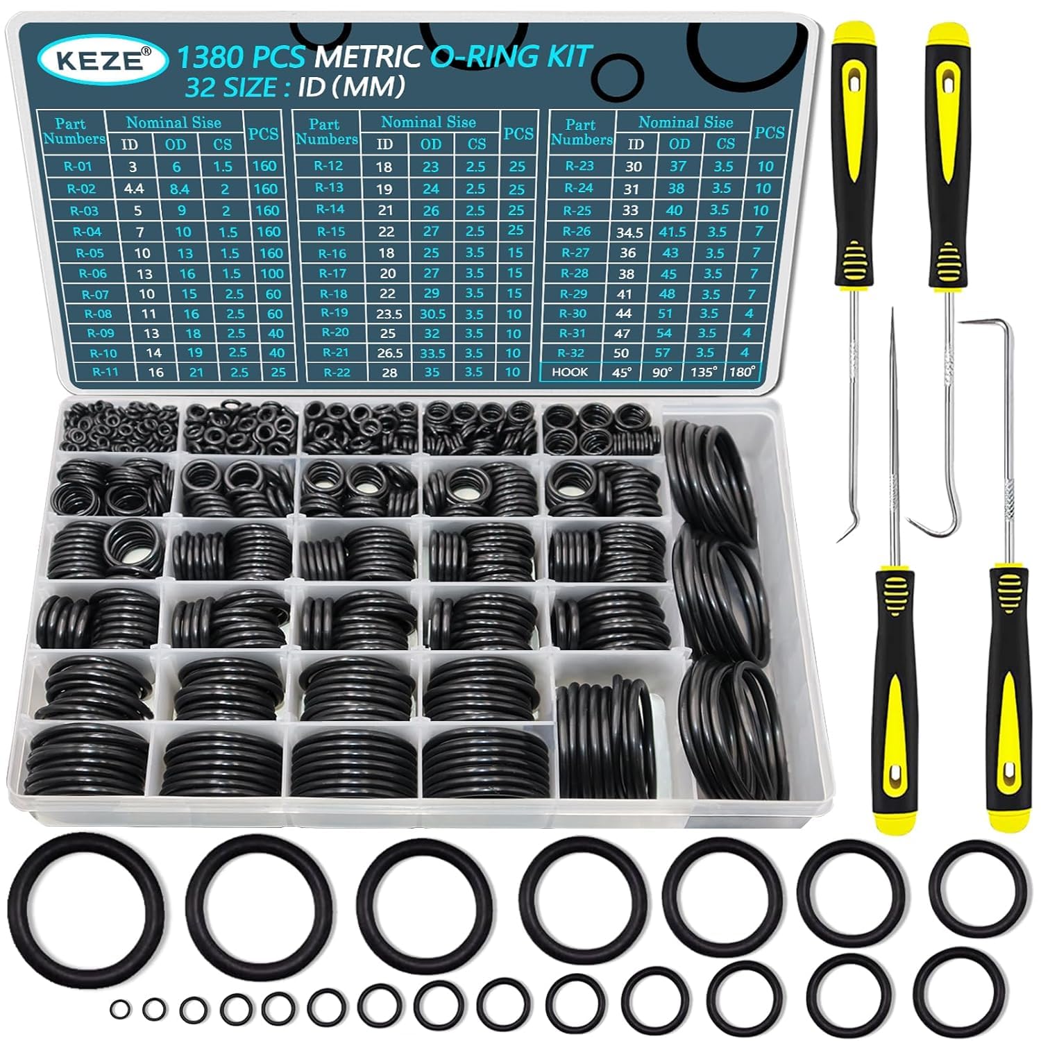 KEZE 32 Size 1380 Pcs Metric Rubber O Rings Assortment Kit with 4 Pieces O Rings Remover Tools Set for Assorted Tap Plumbing Automotive Repair Air or Gas Sealing ID 3mm-50mm