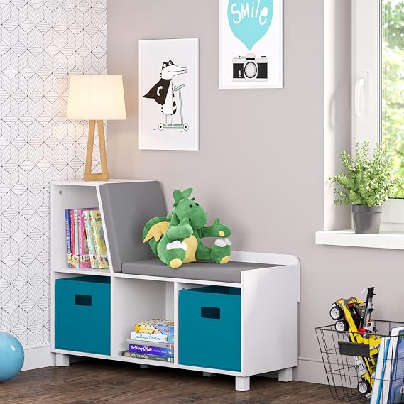 RiverRidge Kids Reading Nook and White Cubby Storage Bench with Comfy Cushioned Seat and Cubbies Toy Organizer, White