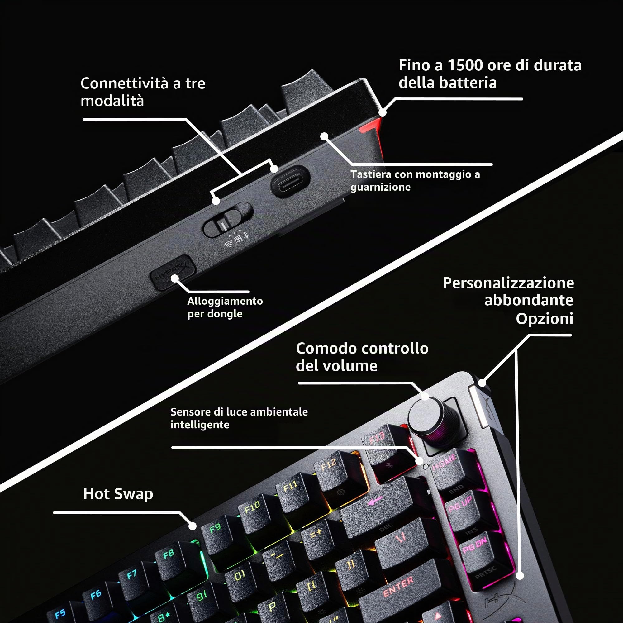 HyperX Alloy Rise 75 Wireless - Tastiera meccanica da gioco 75% sostituibile a caldo, PC, fino a 80 ore di retroilluminazione accesa, doppio wireless 2,4 GHz e Bluetooth