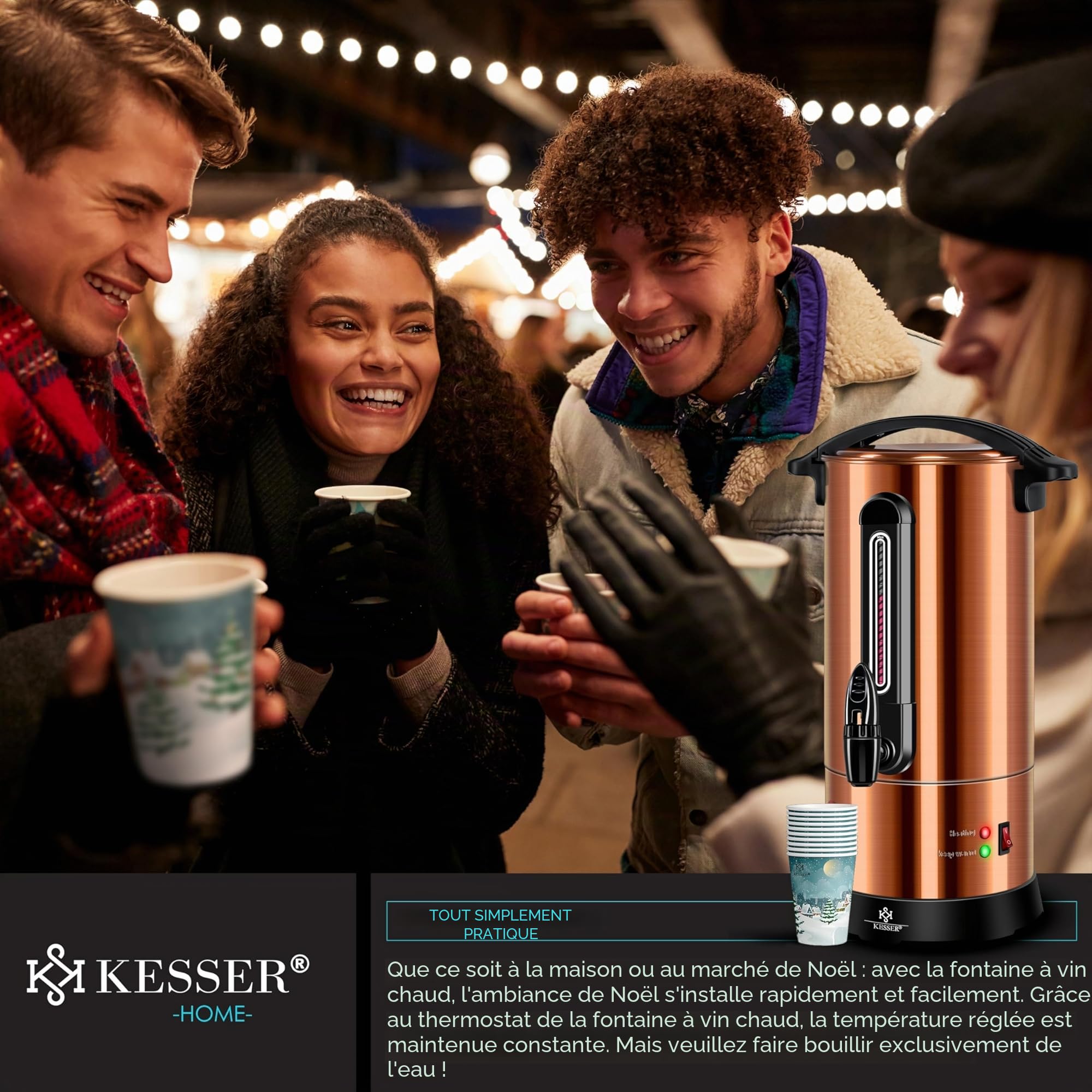 KESSER Bouilloire à vin chaud 6,8/10/20/30 l en acier inoxydable avec gobelet, bouilloire à vin chaud avec thermostat, distributeur d'eau chaude, indicateur de niveau de remplissage, robinet