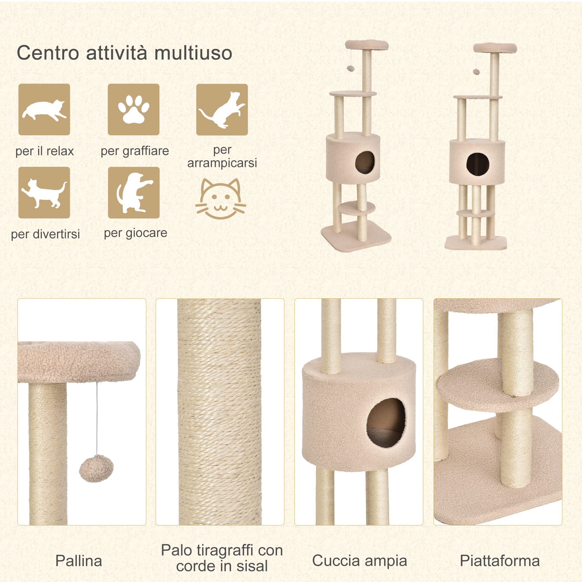PawHut Albero Tiragraffi Robusto per Gatti con 5 Livelli, Cuccia, Casetta, Giochi e Corda Sisal, Beige, Max 30kg