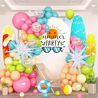 HILAVO Summer Tropical Balloon Arch Garland Kit Iridescent Star Balloons and Transparent Balloon Teal Pastel Pink Orange Yellow Lime Green Balloons for Hawaiian Luau Aloha Birthday Pool Party Decor