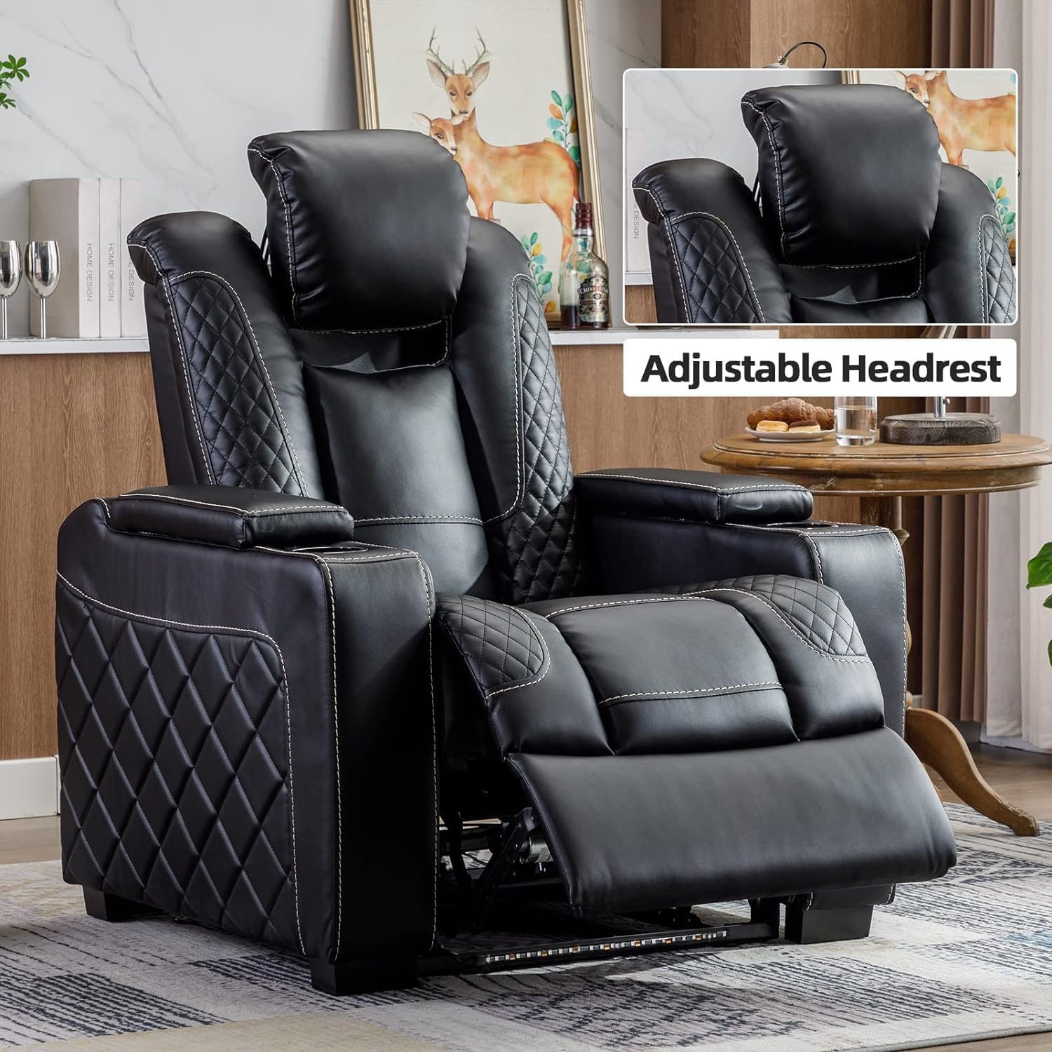 CANMOV Home Theater Seating Set of 5, Faux Leather Electric Power Recliner Chair with Ambient Lighting, Power Headrest, Lumbar Support, Cup Holders, Hidden Arm Storage, USB Ports, Black