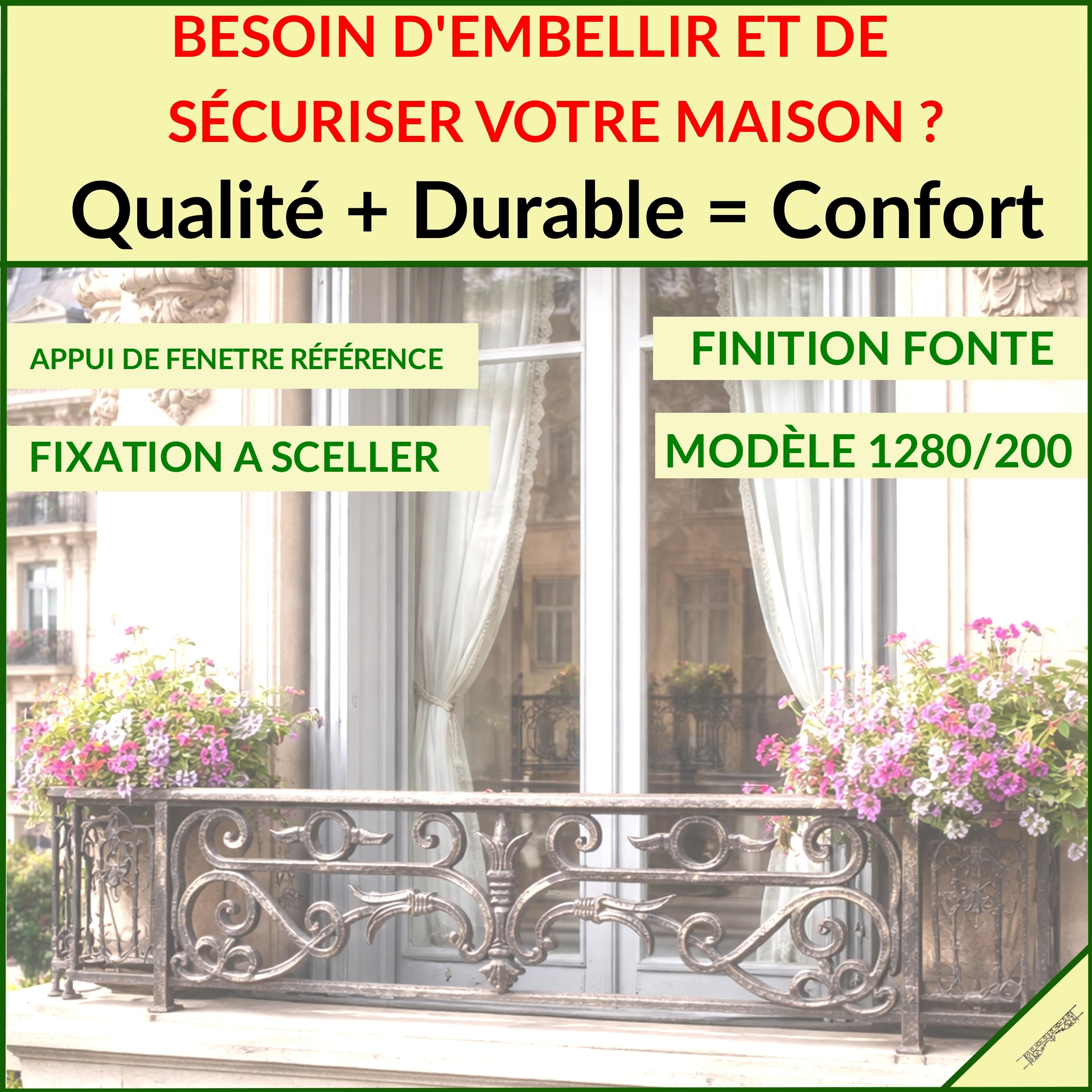 Déco fer Forgé- APPUI DE FENETRE- ADESTOCKFONTE2022- Grille Protection à Sceller 1280 mm x 200 mm-Porte Balcon Fenetres- Garde Corps Carré diam 12 mm- Style Haussmannien Exterieur Utilisation Facile