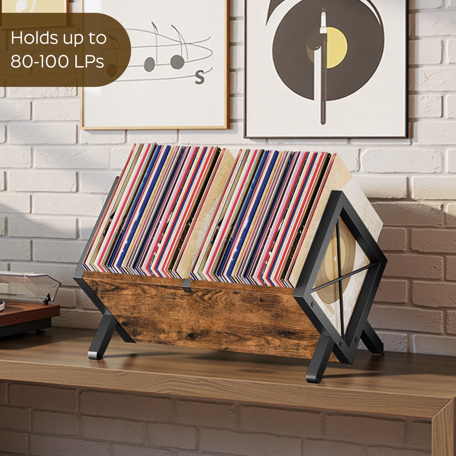 YATINEY Supporto per dischi in vinile, può contenere dischi da 80 a 100 LP, display in legno e metallo, organizer per dischi in vinile da montare rapidamente, per CD, libri, album, marrone rustico e