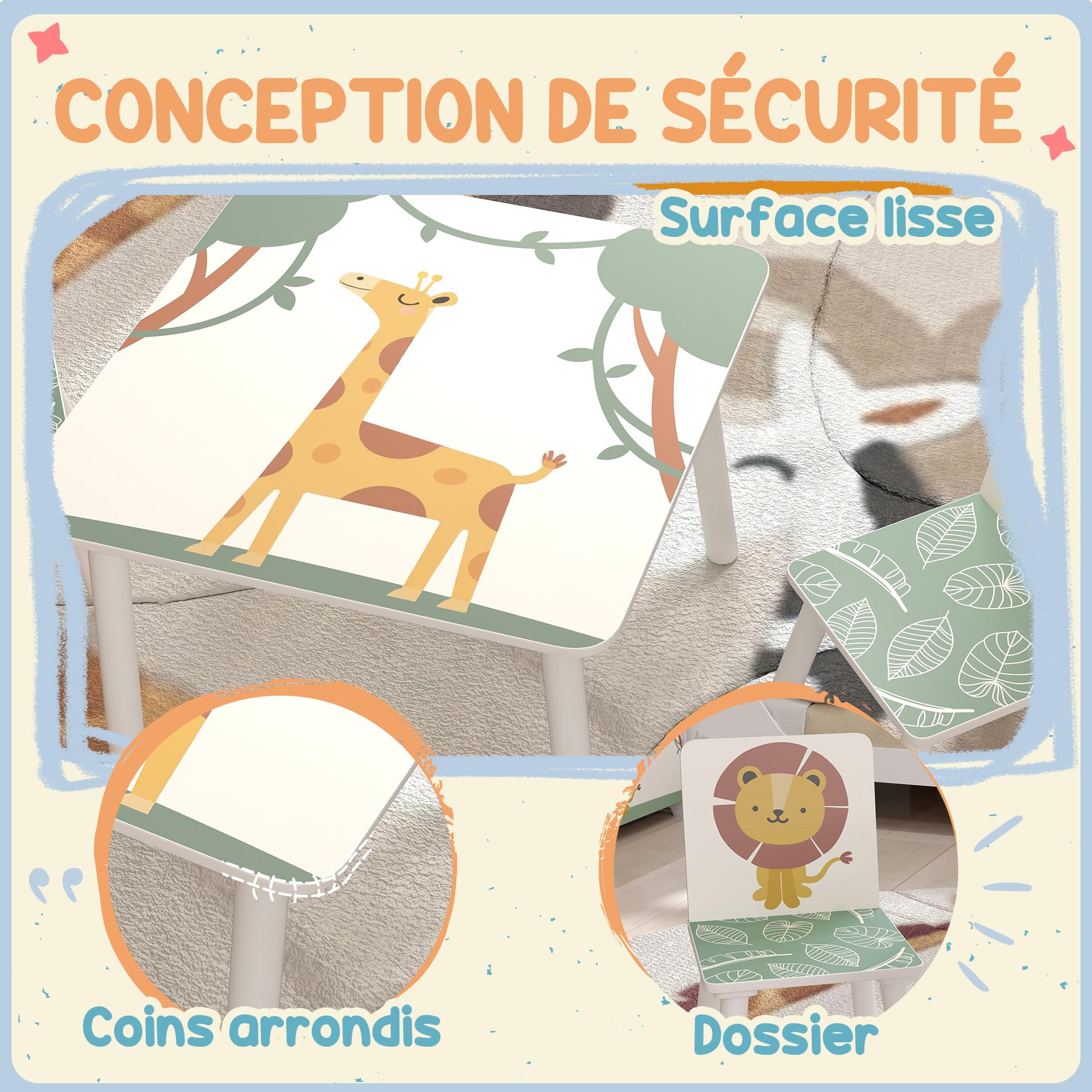 AIYAPLAY Table Enfant avec 2 Chaises en Bois pour Dessiner, Jouer, étudier, Motifs Animaux, Vert, 3-8 Ans