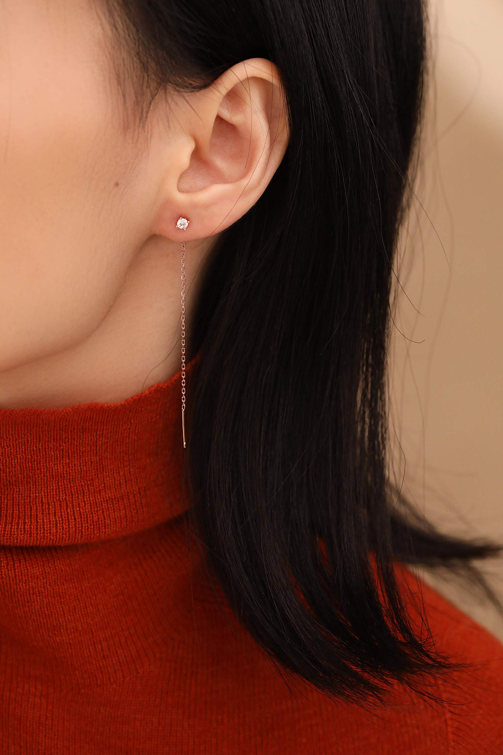 S.Leaf Trendige CZ-Gold-Einfädlerohrringe, baumelnd, Kette, Doppel-Piercing, Durchzieh-Design für Frauen