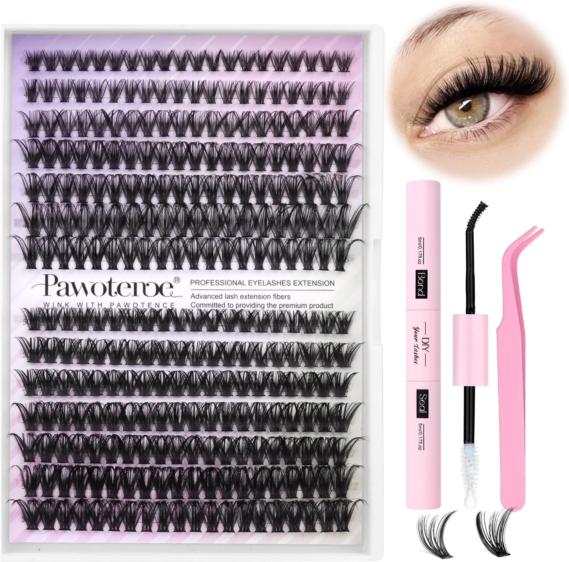 Pawotence Lash Extension Kit Individual Lash Clusters Kit 40D 50D Eyelash Extension Kit 8-16mm Eyelash Clusters with Lash Bond and Seal, Lash Tweezers for Beginners (40D&50D, 0.07D, 8-16mm, Kit)