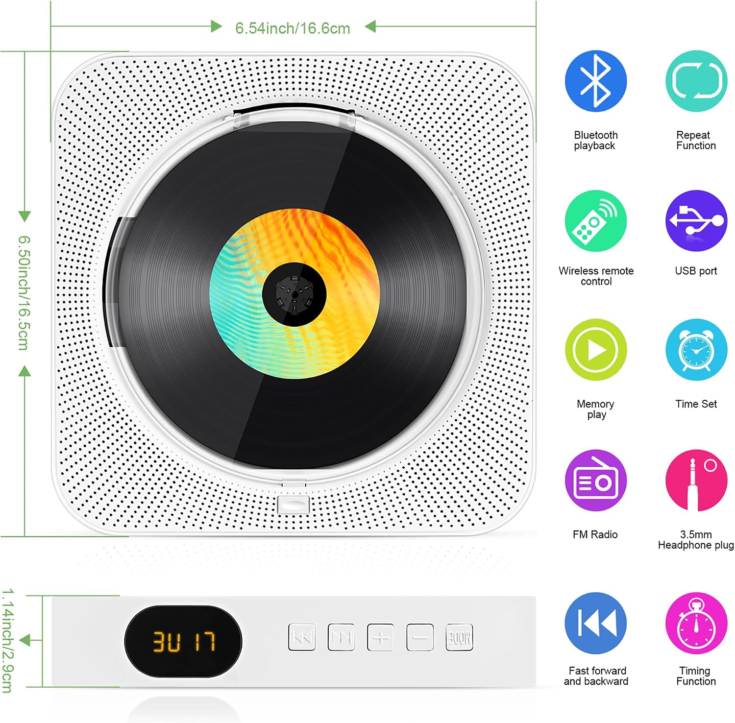 Wall Mountable CD Player Portable: Bluetooth 5.1 CD Player for Home with LED Display - Built-in HiFi Speakers FM Radio, Support CD/TF/AUX Input Output, Dust Cover, Remote Control, for Kids, Kpop, Gift