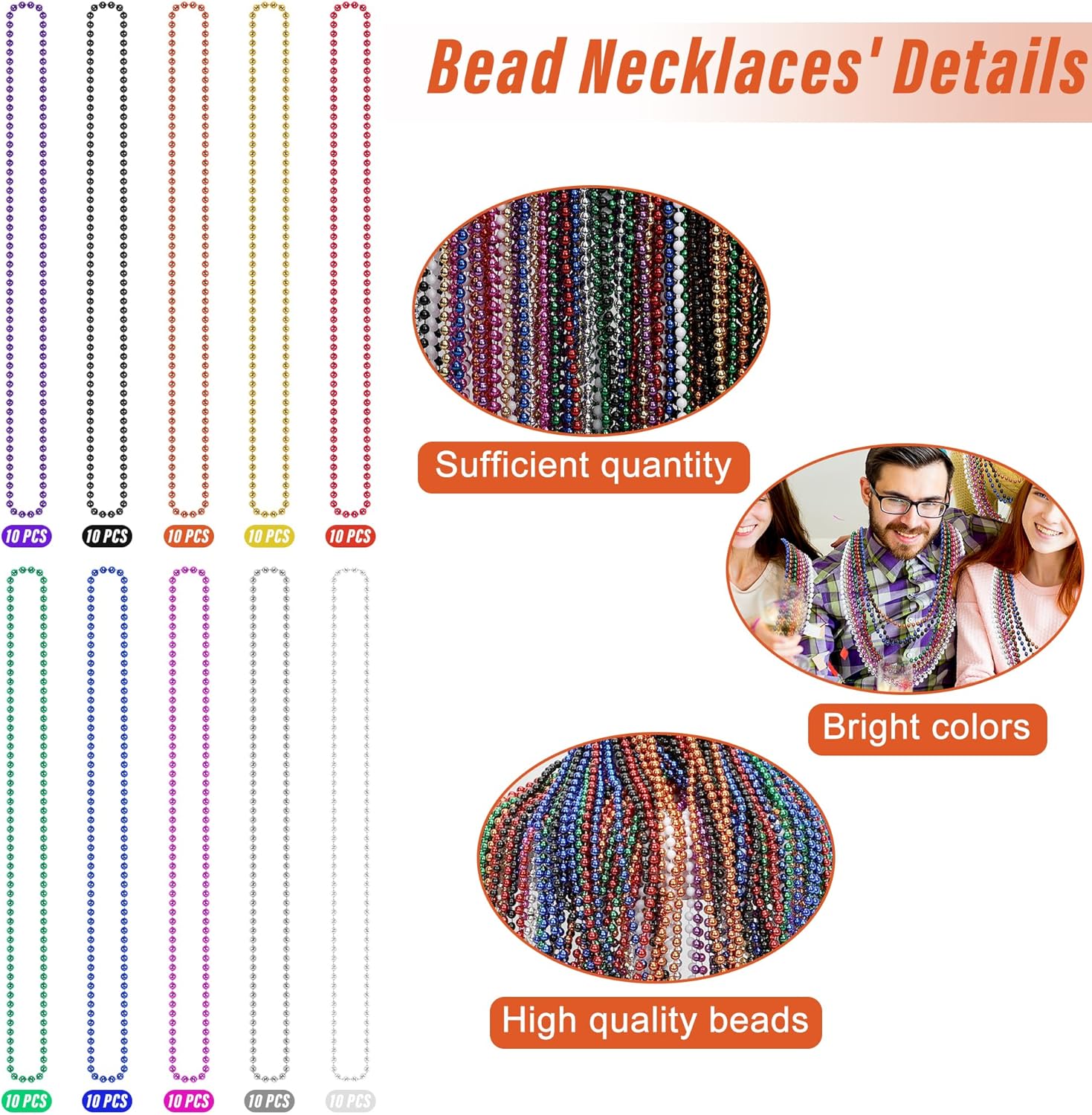100PCS Mardi Gras Beads, Colorful Beads Necklace Toy Party Favors, 33" Bead Costume Accessories Bulk, Festival Mardi Gras Parade Throw Accessories Wedding Birthday Celebrations Decor - Image 2