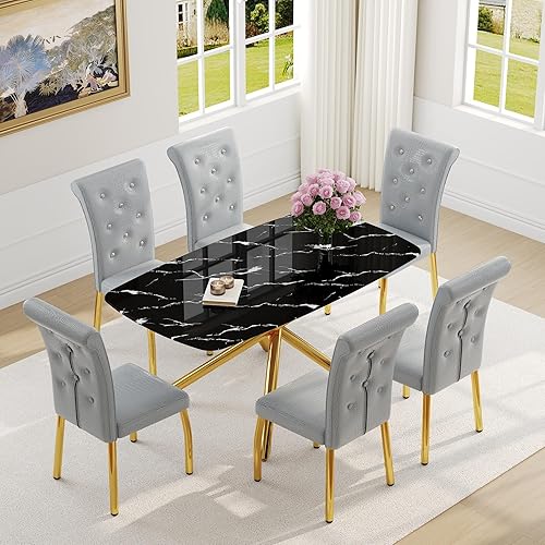 Miniatura 26 de Juego de mesa de comedor moderno de 63 pulgadas para 6 personas, juego de 6 mesas de comedor de cristal con patas de metal plateado, mesa de cocina