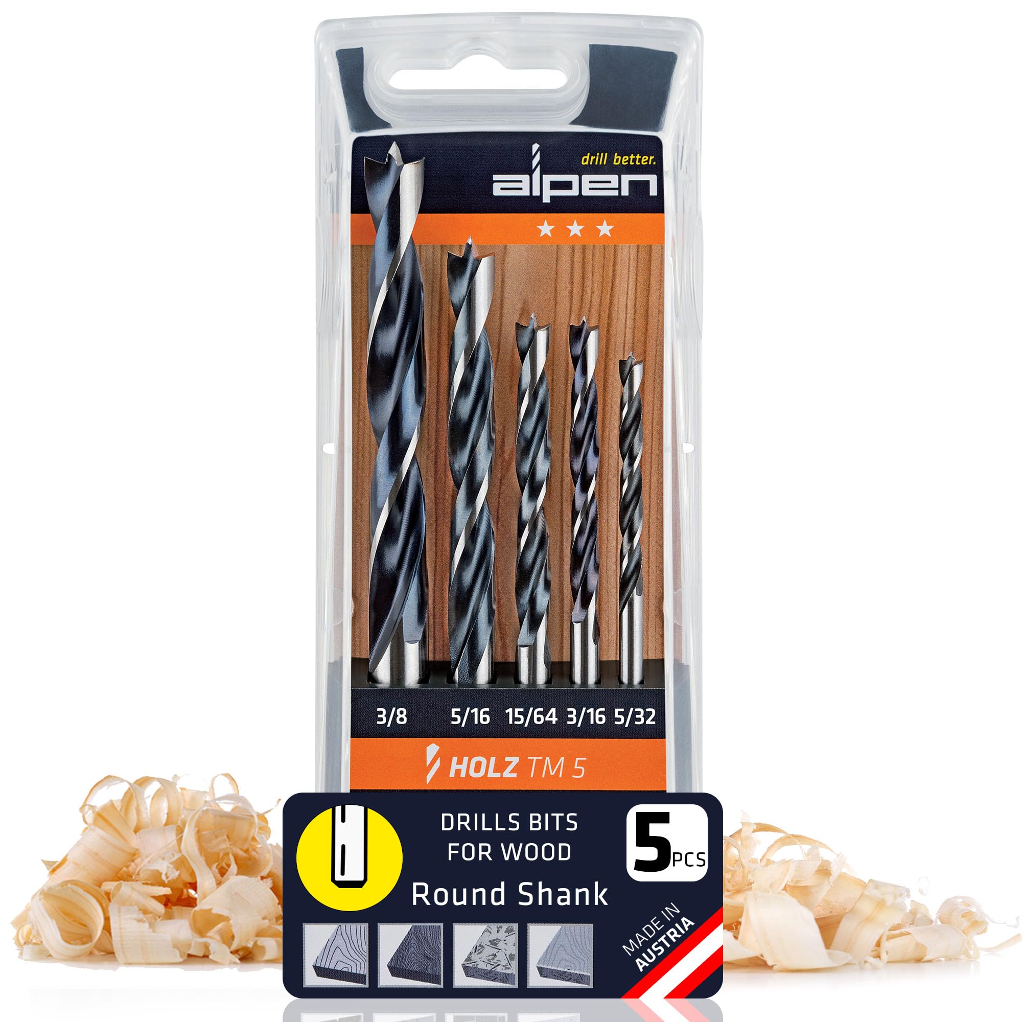 Alpen 5 pcs Wood Drill Bit Set Metric for Hard and Soft Wood - Extra Sharp Edges for Precise Holes and Effortless Drilling - Durable Drill Bit Kit for