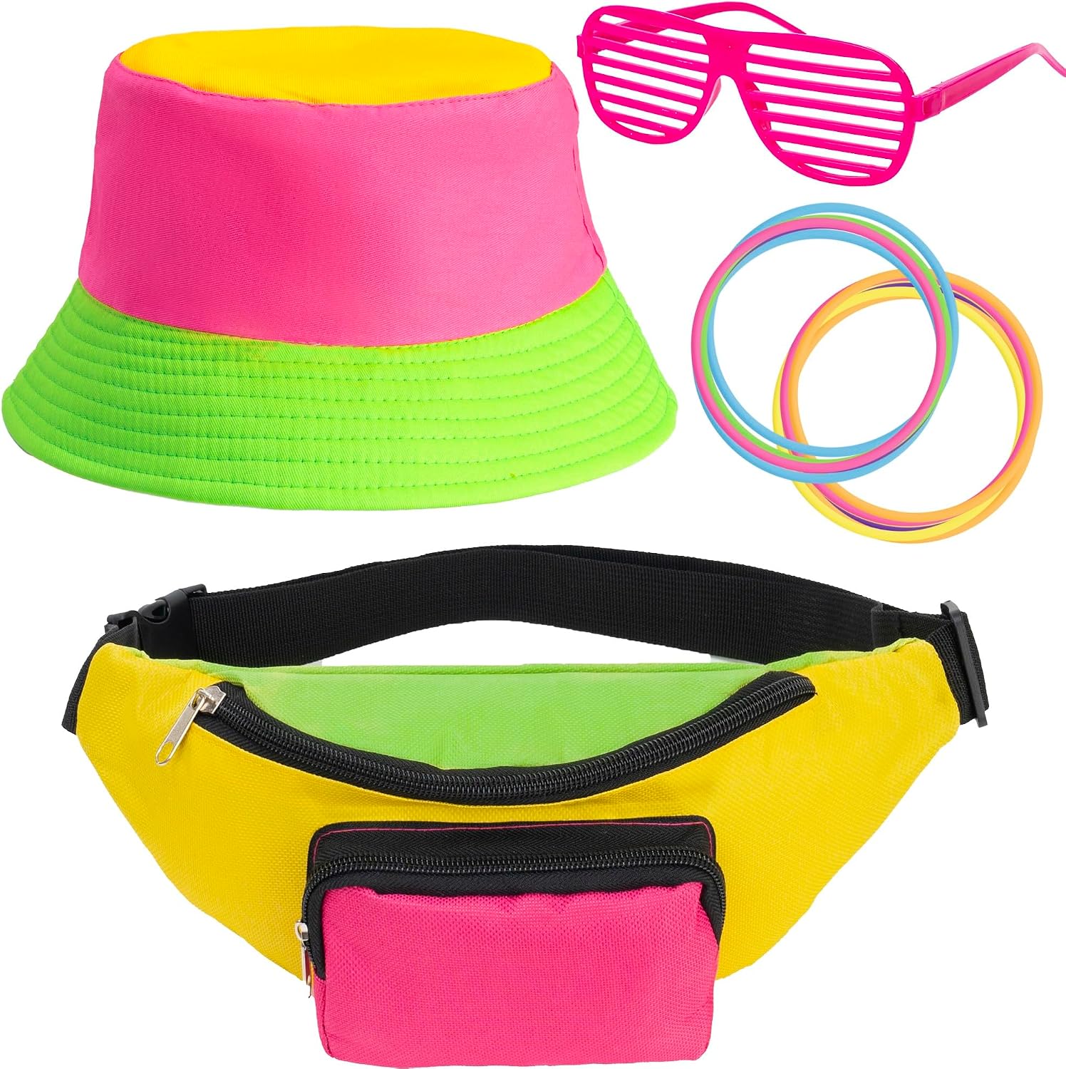 YAROMO 80s 90s Outfits for Women Men, 80s Fanny Pack and Hat 90s Costumes Adjustable Waist Bag Bucket Hats for Retro 1980s Party