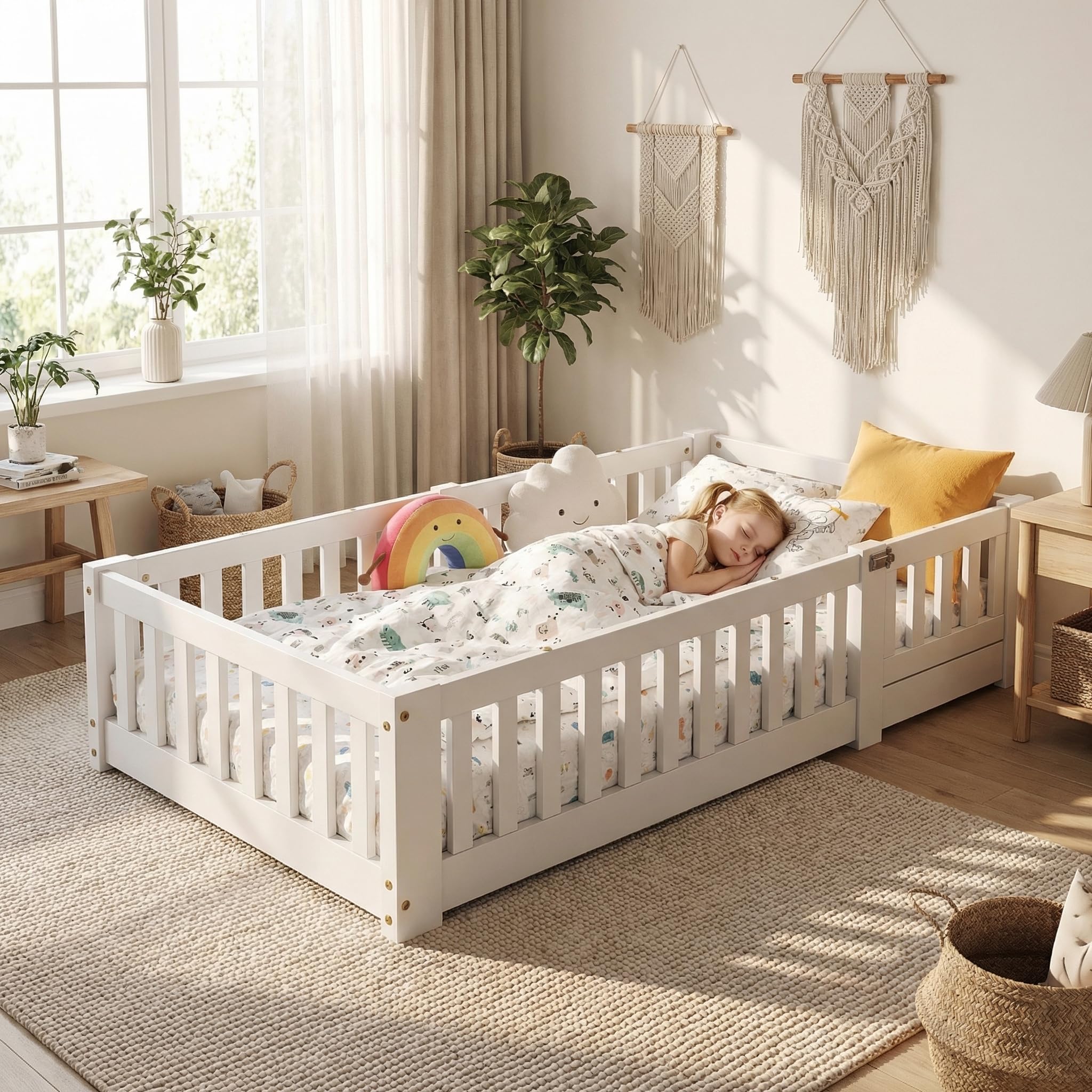 Cama Montessori Infantil 90x200 de Madera Maciza, Cama Suelo con Barandilla de Seguridad, Montessori Camas para Niños y Niñas, Cama Infantil Baja para Dormitorio Infantil, Blanco