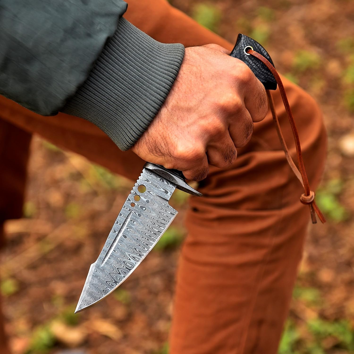 Hunting Knife 10 Inches - Handmade Damascus Steel Fixed Blade Knives - Micarta Wood Handle & Leather Sheath - Bushcraft Outdoor, Skinning & Survival Knife