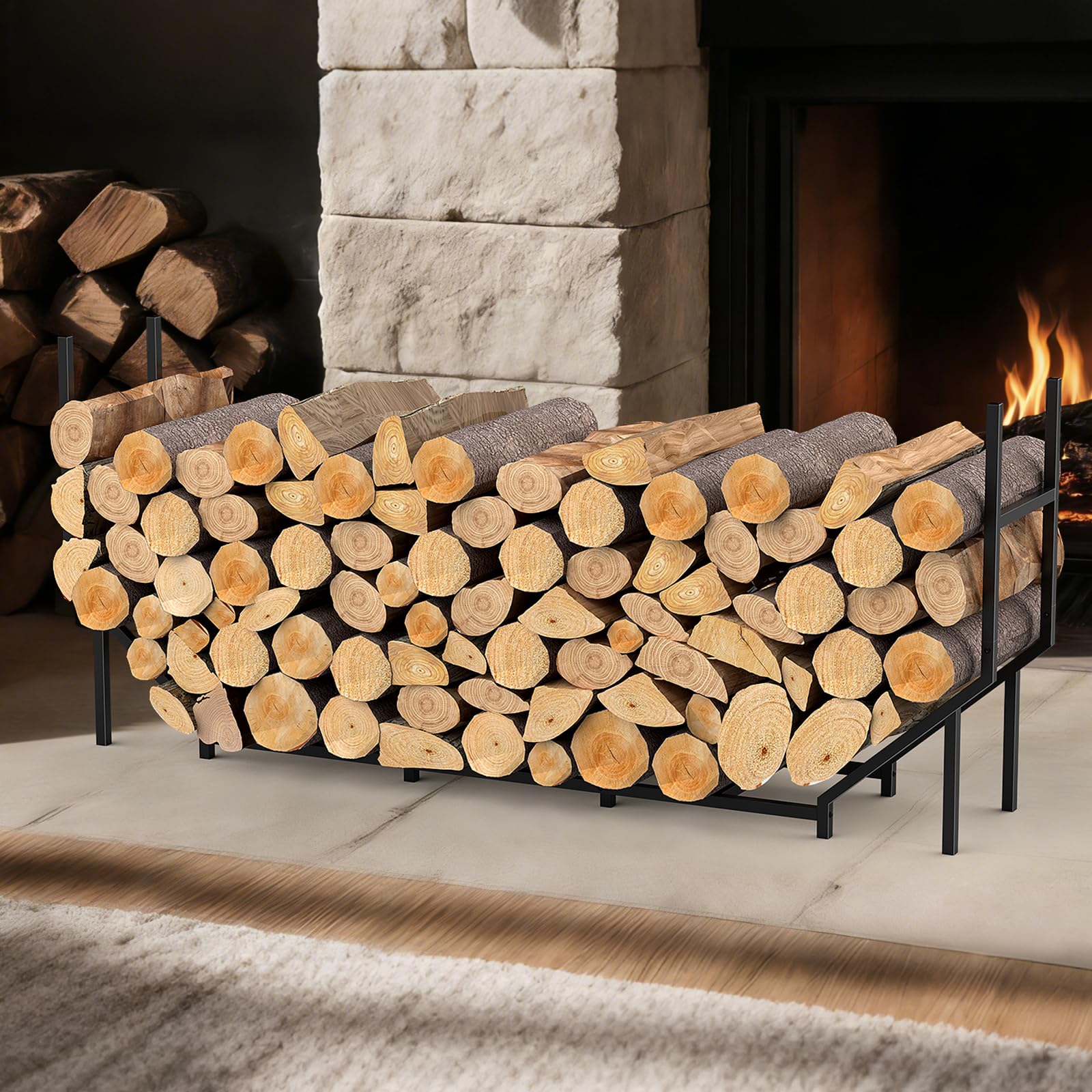 LIANTRAL Étagère à bûches de cheminée en métal pour l'extérieur - 180 x 32 x 77,5 cm - Noir