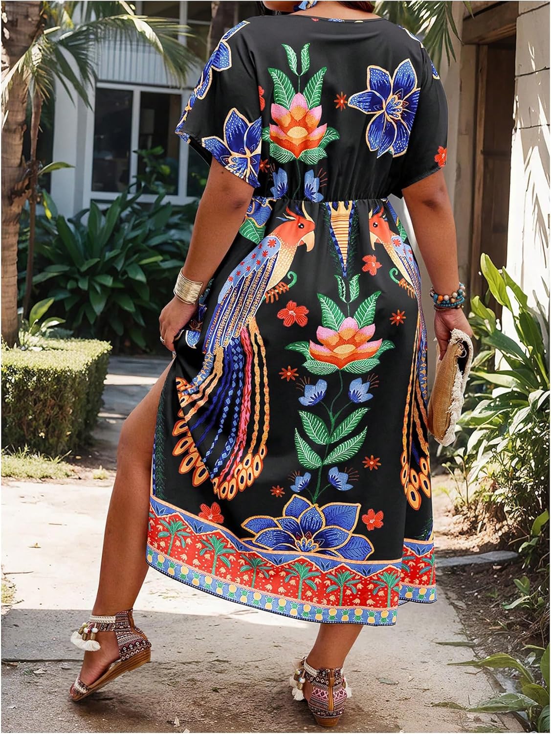 Floerns Women's Plus Size Tribal Print Dolman Sleeve Slit Summer Maxi A Line Dress - Image 3