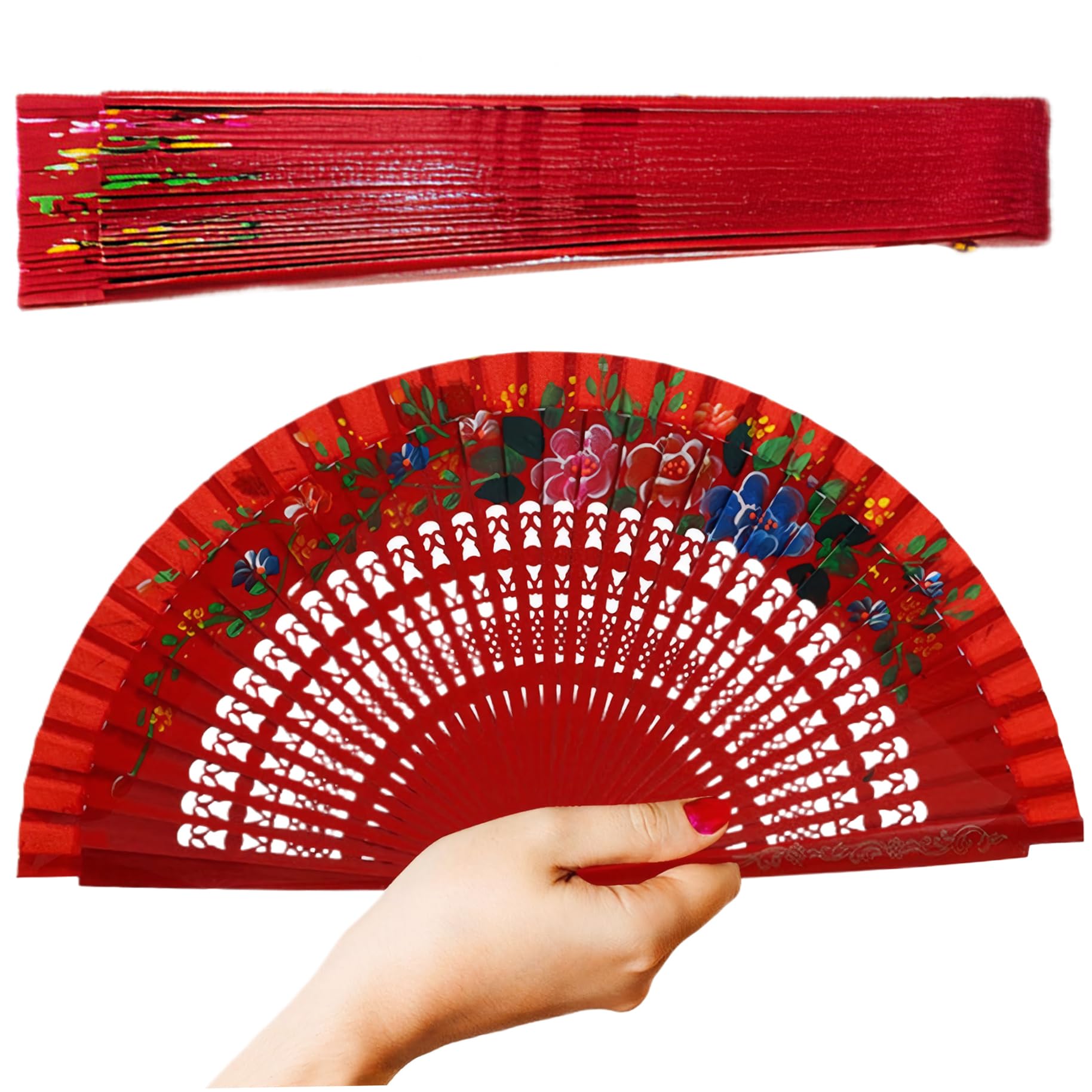 Uanqfegy Spanish Fan - Wooden Vintage Floral Hand Fan, Red