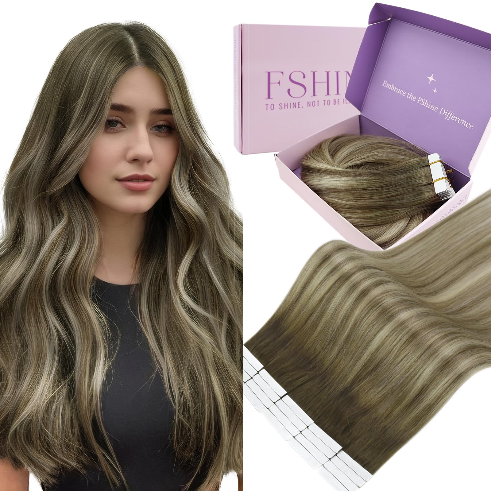 Fshine Ombre Hair Extensions Tape in Human Hair 18 Inch Walnut Brown to Ash Brown and Golden Blonde Extensions Long Straight Remy Balayage 20 pcs 50 g