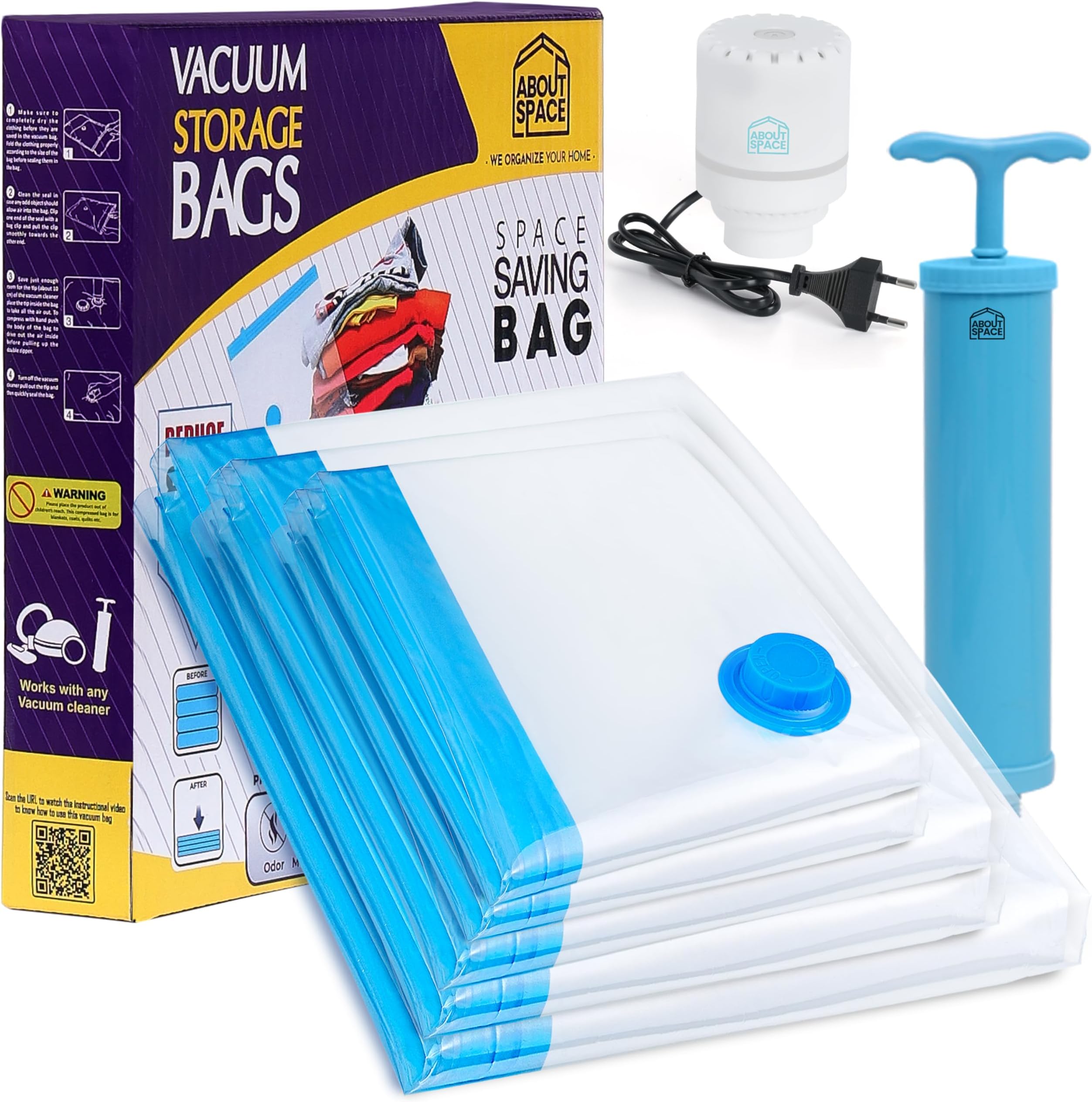 ABOUT SPACE Polyamide Polyethylene Vacuum Compression Bags (5 Pack) with Hand & Electric Pump | 1L/2M/2S Zip Seal Storage Bags | Heavy-Duty Airtight Reusable Space Saver Luggage Organizer (Blue)