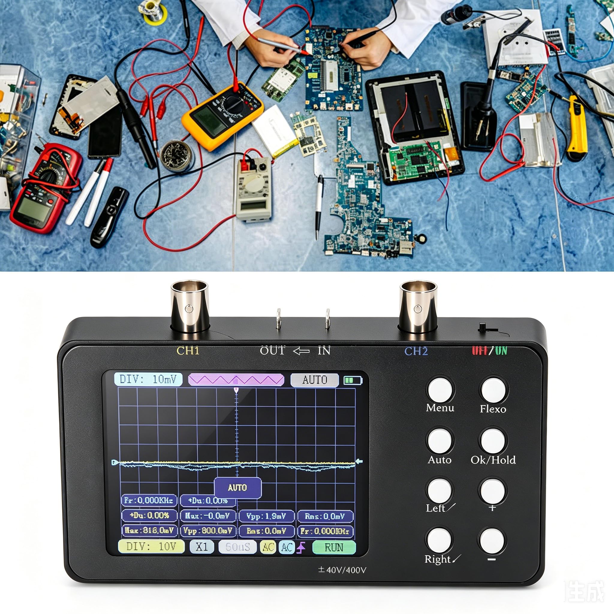 Fyearfly Osciloscopio de Doble Canal, Multímetro de Osciloscopio Digital Generador de Señal Portátil de 2 Canales Ancho de Banda de 2Mhz con Pantalla LCD Retroiluminada + Pinza de Cocodrilo