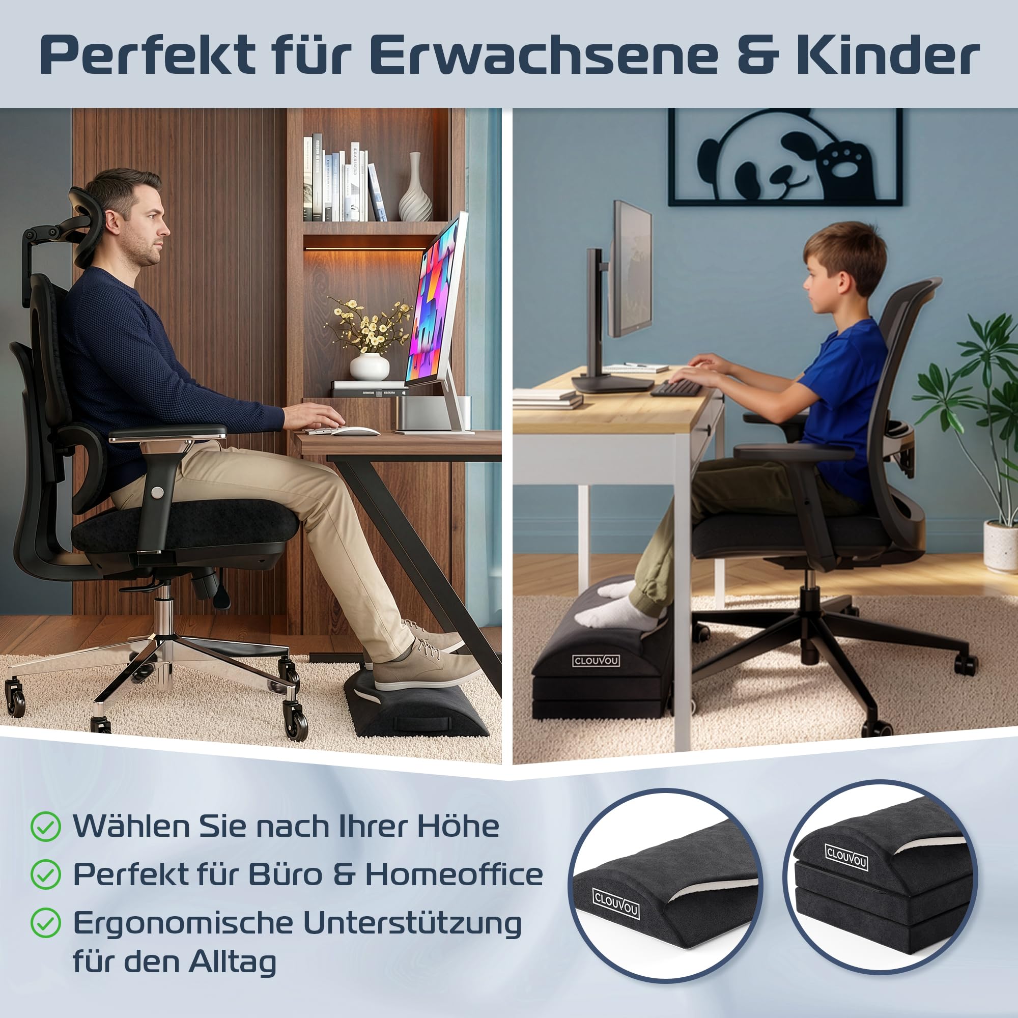 CLOUVOU MasterRest Ergonomische Fußstütze Schreibtisch [TESTSIEGER] Fußhocker höhenverstellbar - Fußablage Schreibtisch - Fußstütze Büro - Fußkissen für Homeoffice - Traumhaft Flauschig