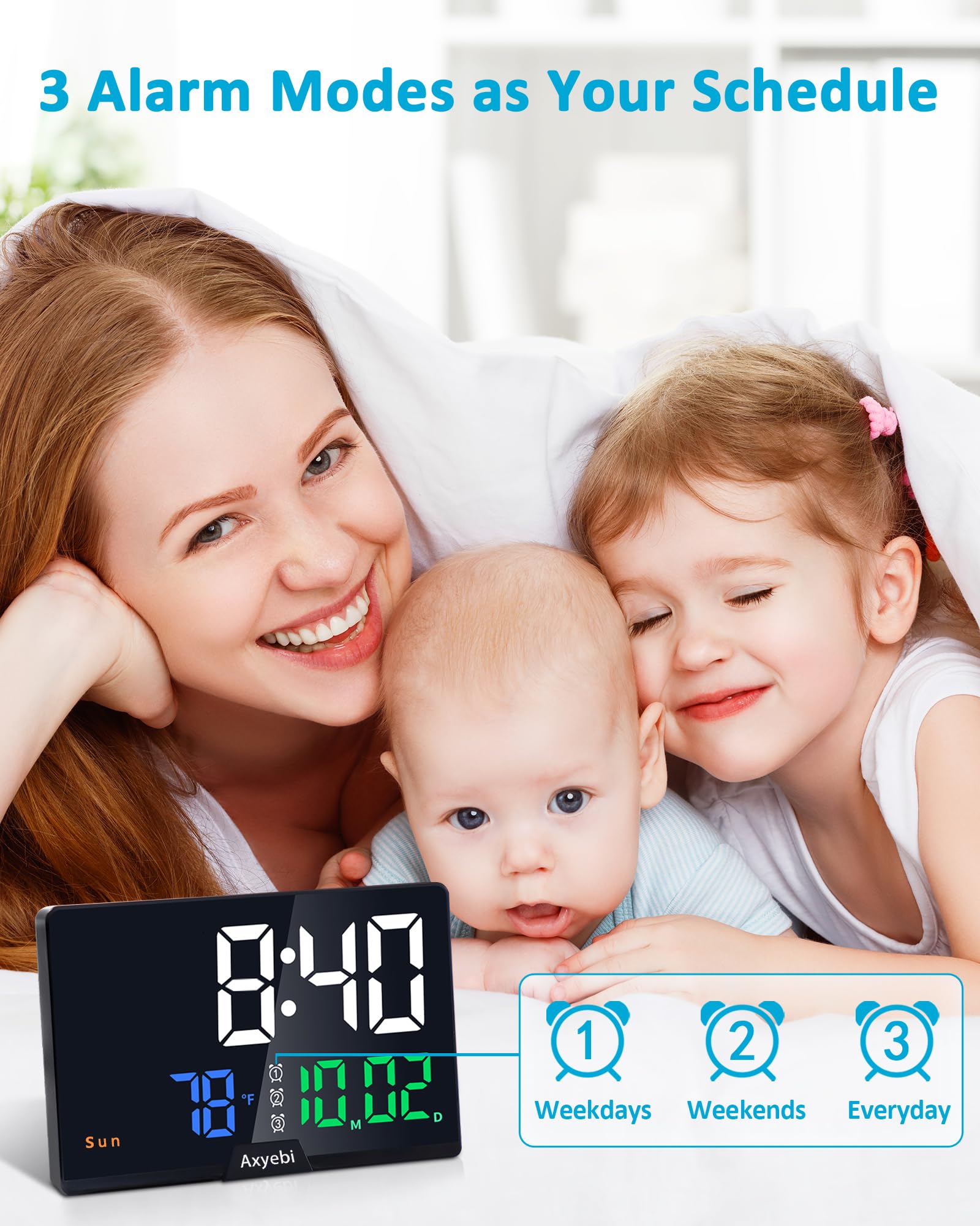 AXYEBI RGB Digital Alarm Clock for Bedrooms, Colorful Calendar Clock with Date, Temperature, 3 Alarms, Plug in Large Display Day Clock, 4 Dimmer, 12/24H,Easy Touch Snooze for Seniors Kids Teens Desk