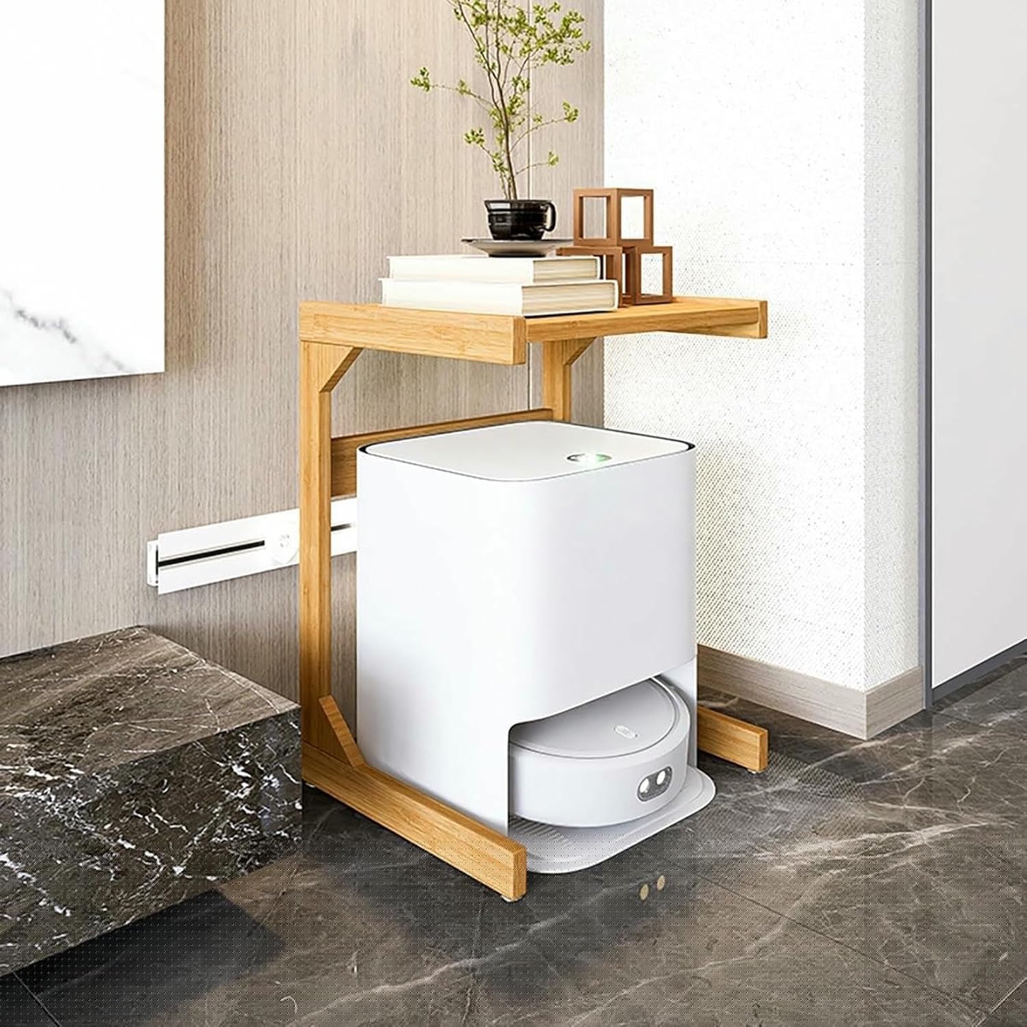 Robot Vacuum Stand Cabinet,Storage Rack Above The Sweeping Robot,Mobile Sweeper Robot Storage Cabinet Shelf with Wheels,Household End Side Table, for Living Room