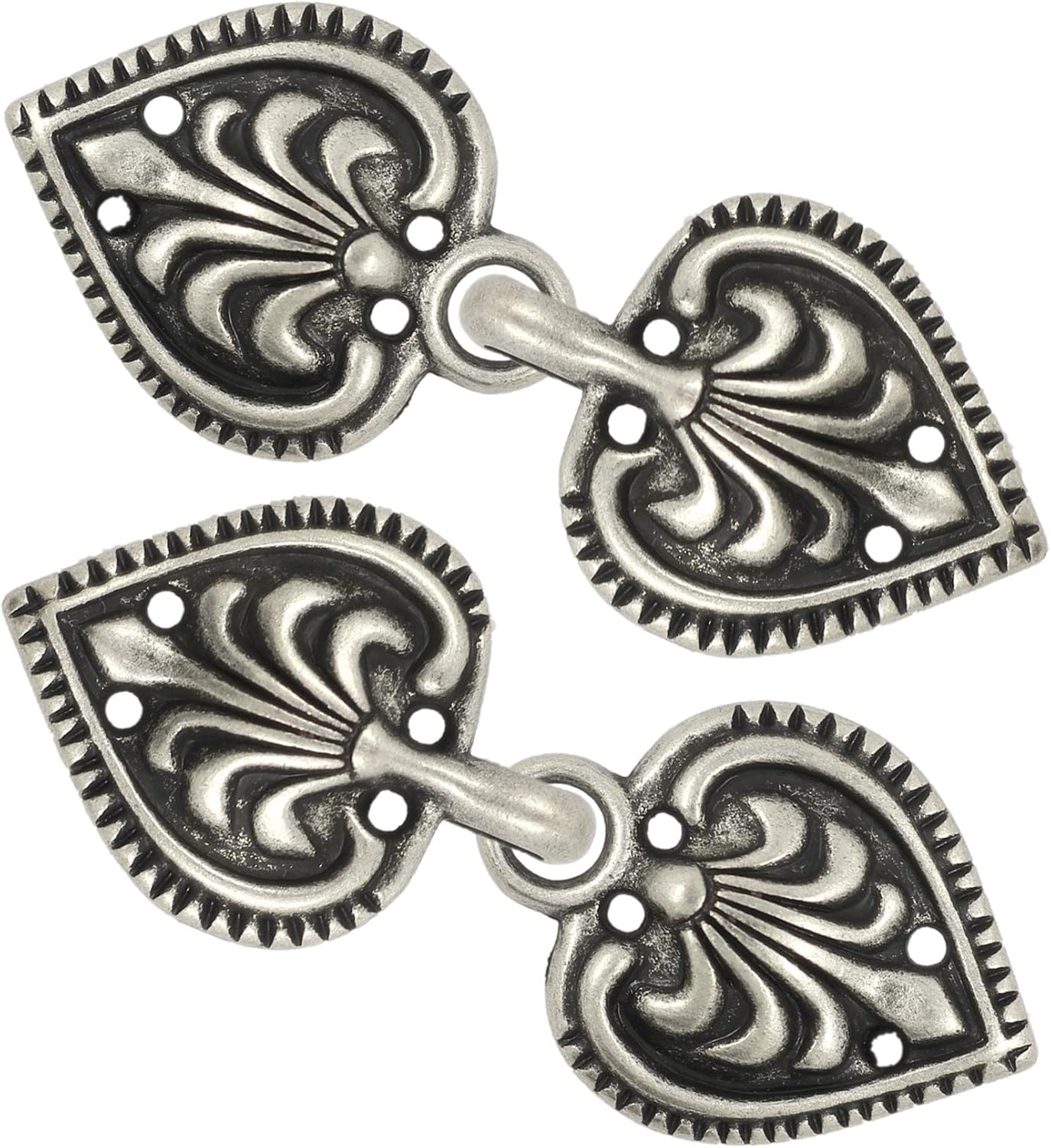 Bezelry 6 Pairs Baroque Spade Hook and Eye Cloak Clasp Fasteners 48mm x 19mm Fastened. (Antique Silver)
