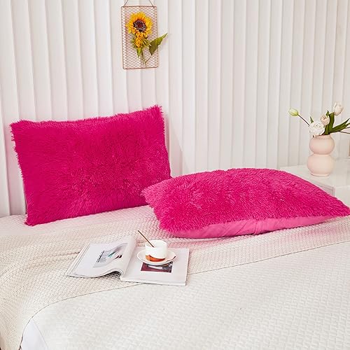 Miniatura 4 de Juego de 2 fundas de almohada de pelo sintético, mullidas y esponjosas, de terciopelo color rosa intenso, tamaño King, cierre de cremallera (20 x 36