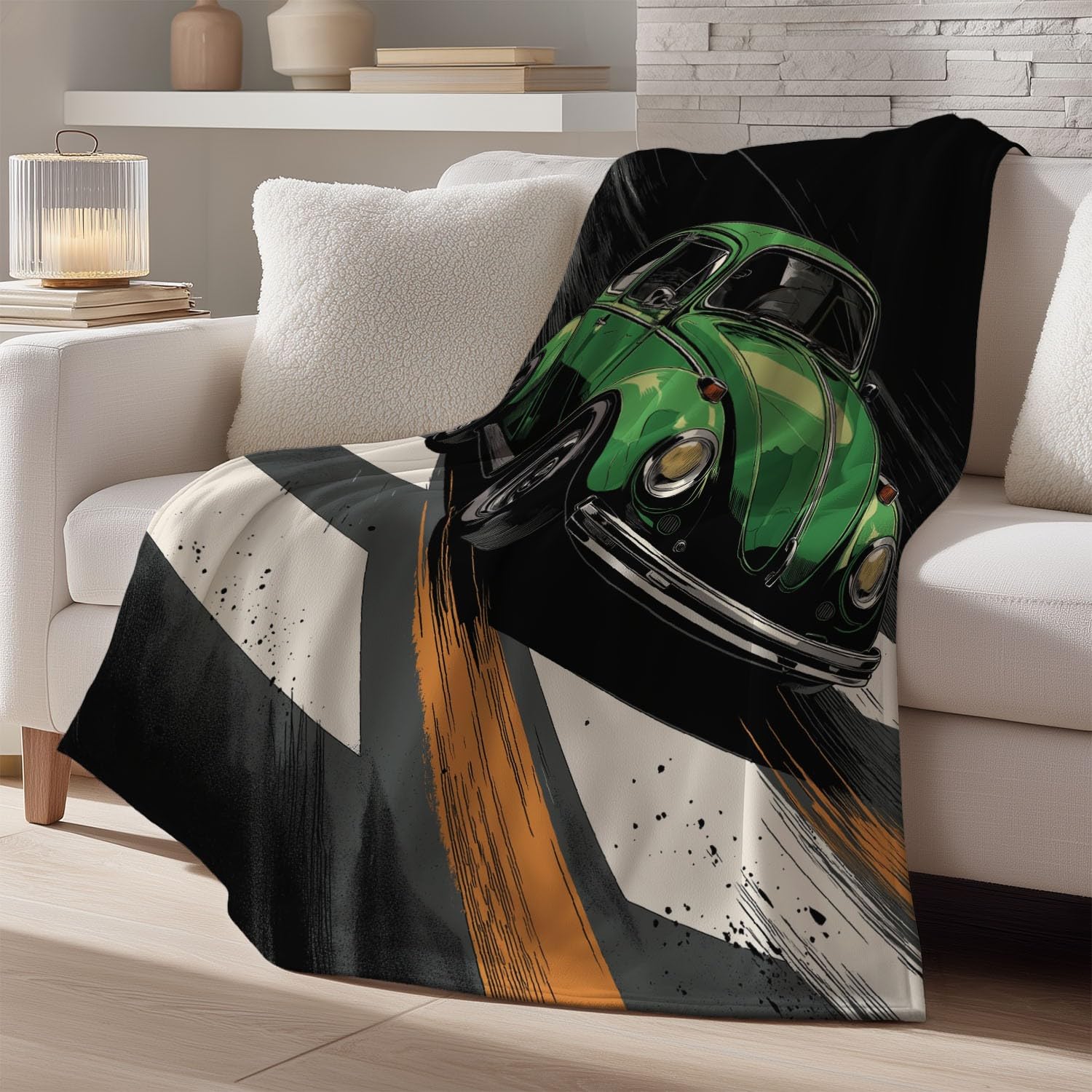 Genérico Vintage komiks energetyczny zielony samochód - miękki koc z mikrofibry, wygodny polar 150 cm x 180 cm gobelin dekoracyjny szal dla dzieci i dorosłych, idealny na łóżko lub sofę