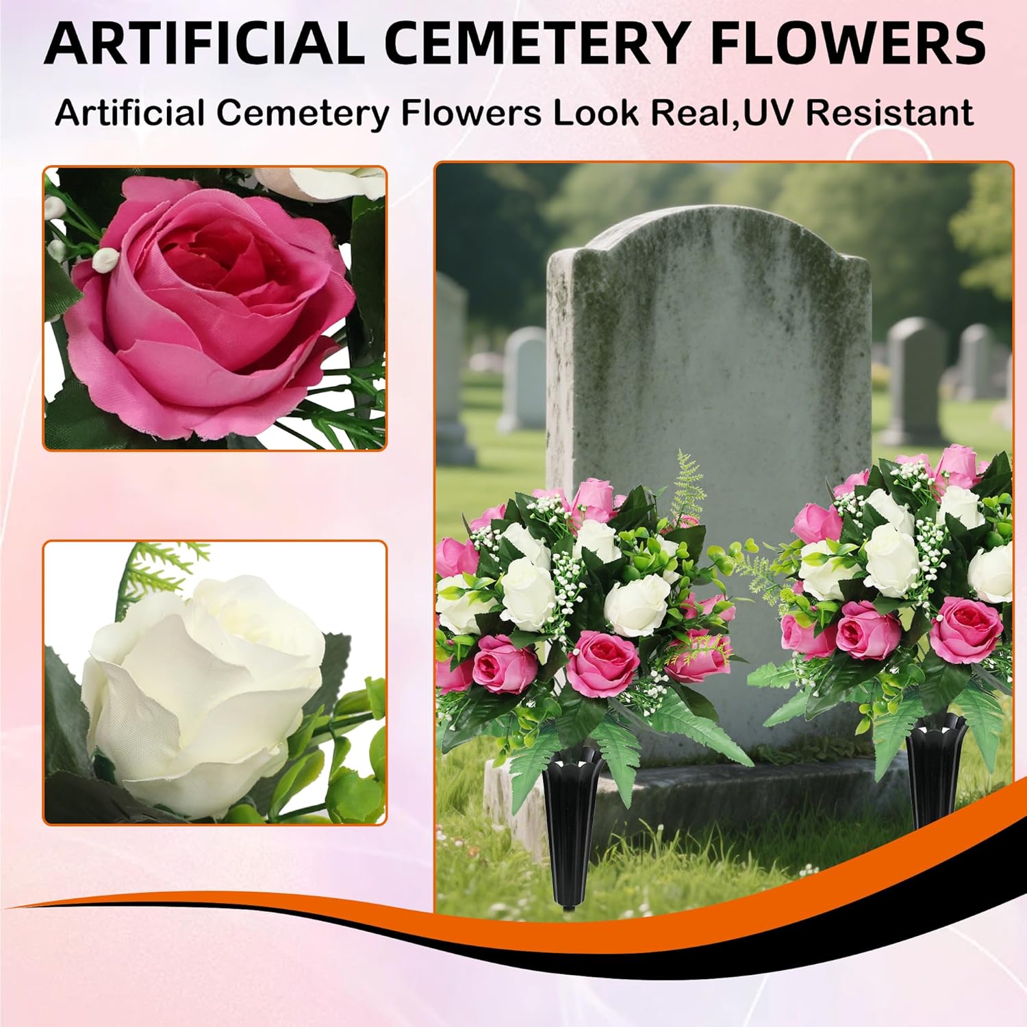 2 Sets Artificial Cemetery Flowers for Grave,Realistic Grave Flowers for Cemetery,Silk Rose with Vase for Headstone Tombstone Decoration Easy fit (Pink White) - Image 5
