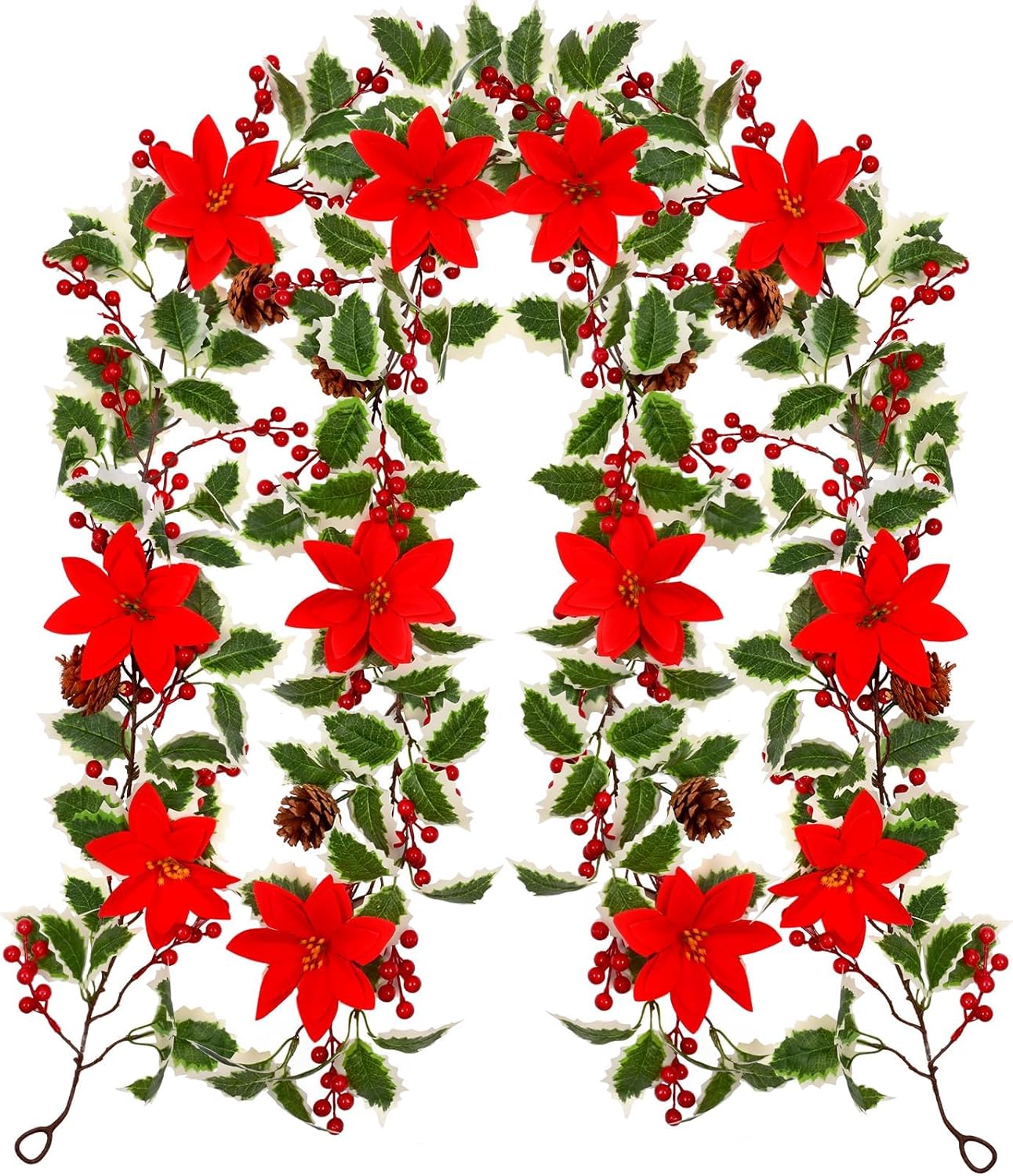 Valentines Day Decorations - 2Pcs 12.6Ft Artificial Holly Red Berry Poinsettia Garland with Pine Cones for Xmas Tree Fireplace Indoor Outdoor Home Decor