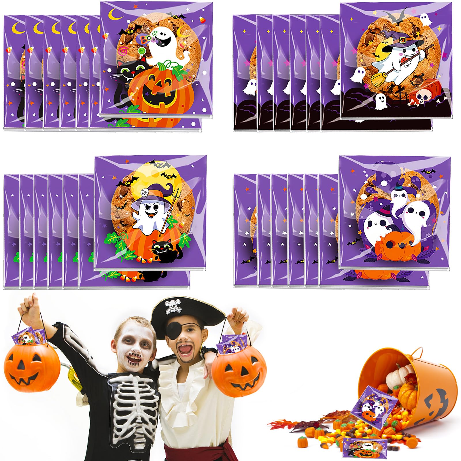 Sachets Bonbons Halloween Darryy – 100 Pièces, 4 Motifs, Plastique OPP Alimentaire, Taille 10x10 Cm
