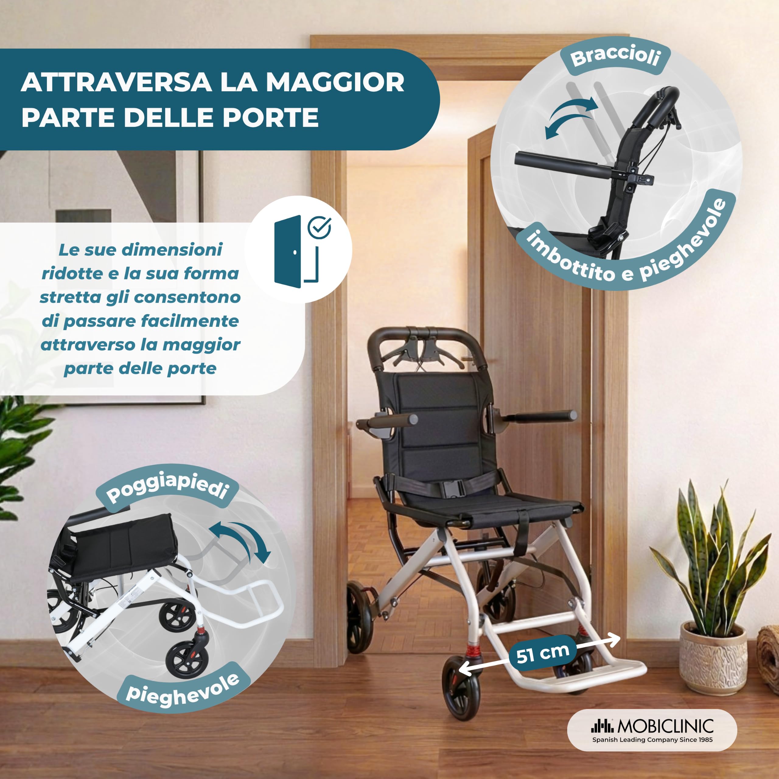Mobiclinic®, Sedia a Rotelle da Tránsito, Pieghevole, per Brevi Tragitti | Sedile da 40 cm, Sistema di Bloccaggio del Freno, Braccioli e Poggiapiedi Pieghevoli, Leggera, Fino a 100 kg, Acciaio, Venus