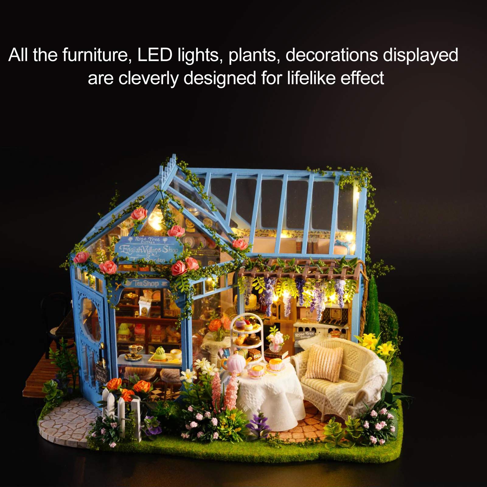 Zestaw Miniaturowy Domek dla Lalek, światła LED średniej Wielkości Drewniany Sztuczny Kwiat Kawiarnia Zestaw Miniaturowy Domek, do Samodzielnego Budowania Domku dla Lalek z Meblami i
