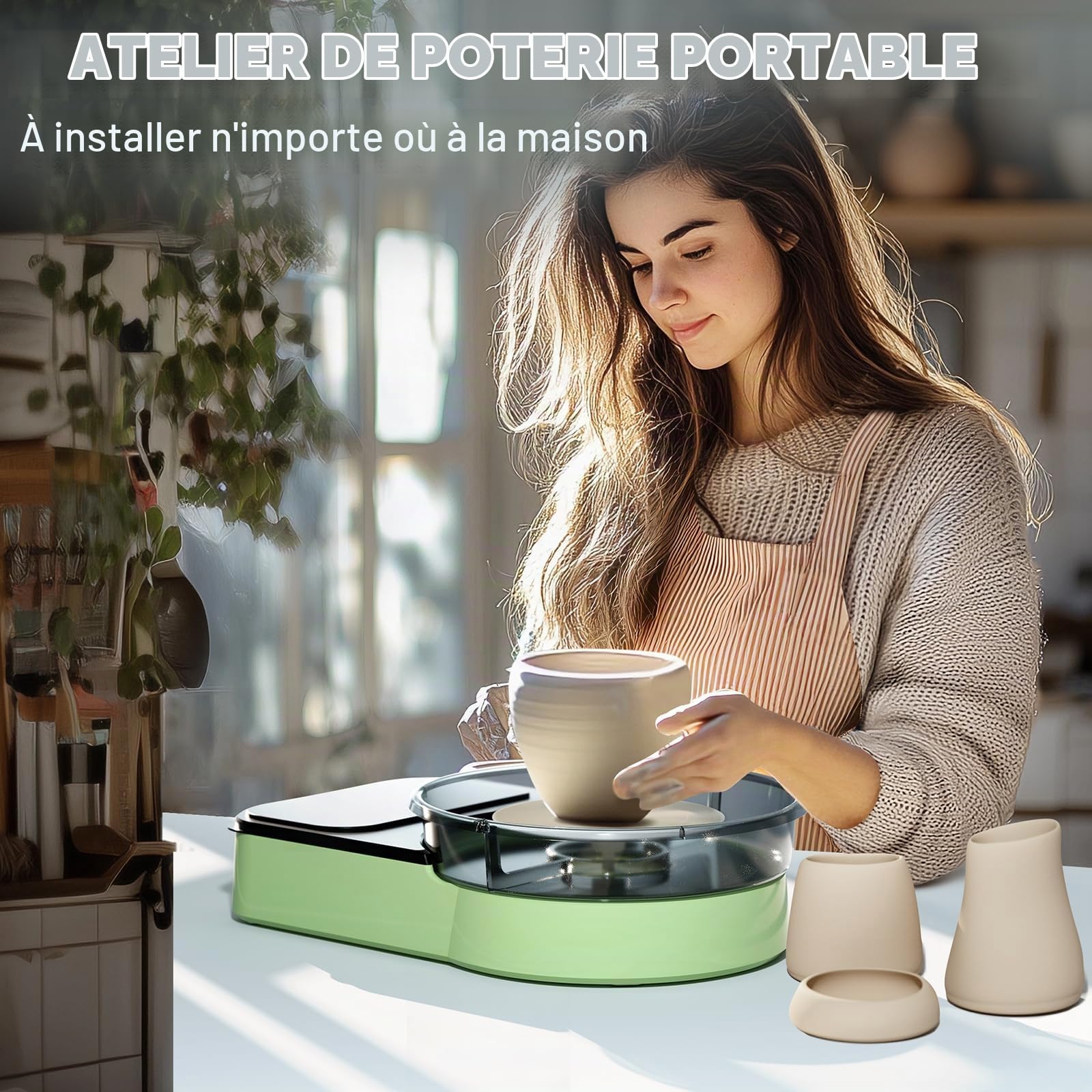 Tour de Potier Électrique Vert Clair – Kit de Poterie Complet pour Adultes avec 1kg d'Argile, 0-200 Tr/min Réglable, Machine Professionnelle Silencieuse pour Débutants, Cadeau Créatif